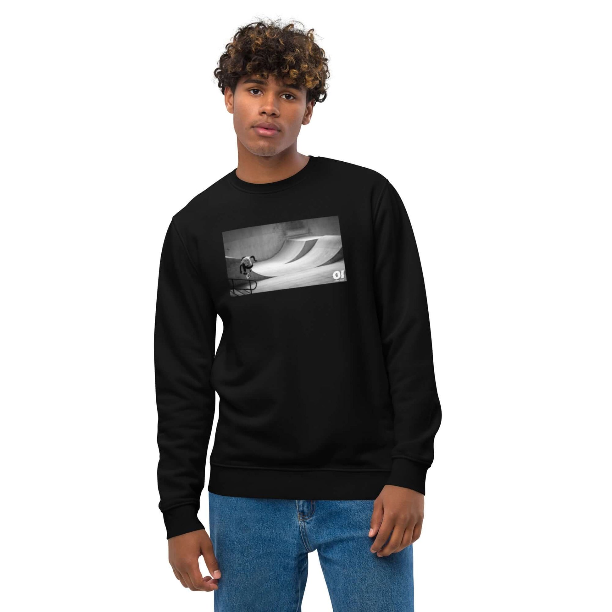 other ideas eco streetwear ethical clothing men's classic sweatshirt with skateboarding jump photo print black organic cotton blend jersey sustainable slow fashion modelled front view