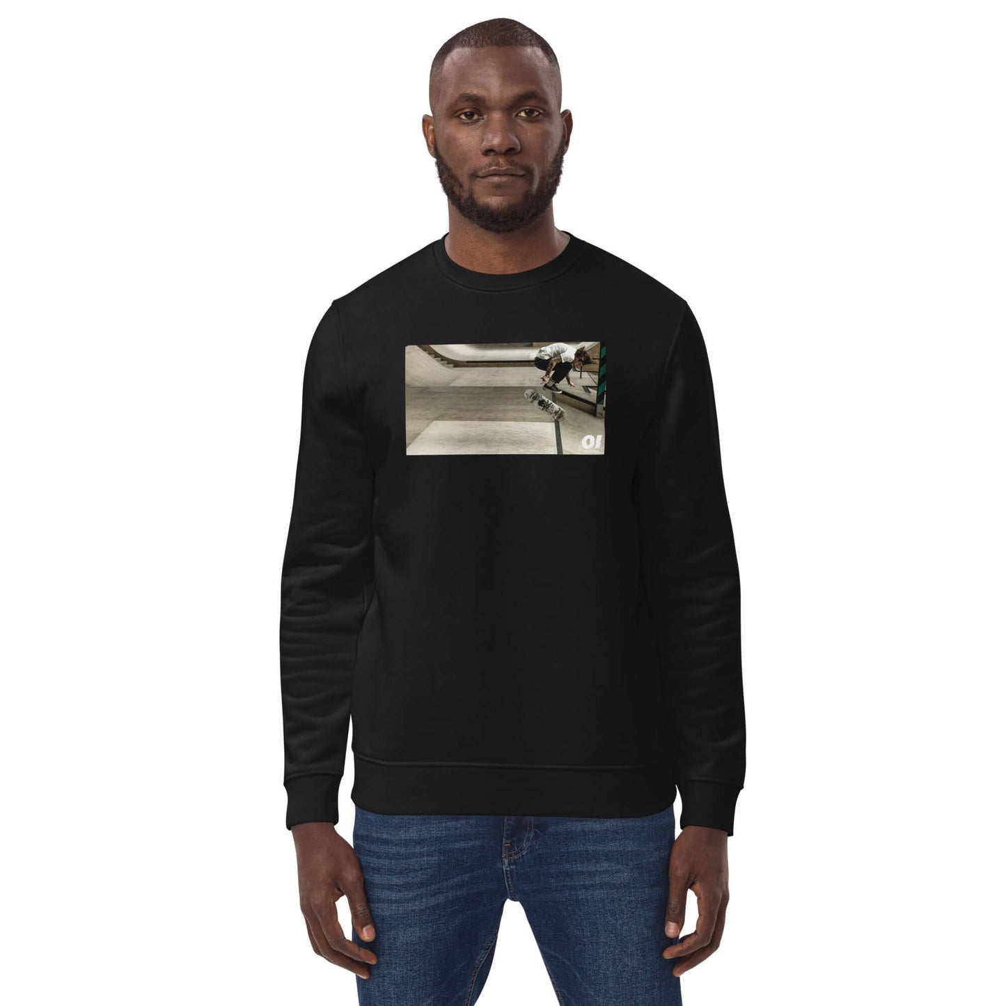 other ideas eco streetwear ethical clothing men's skateboarding ollie flip photo printed organic cotton blend jersey black sweatshirt sustainable slow fashion modelled front view