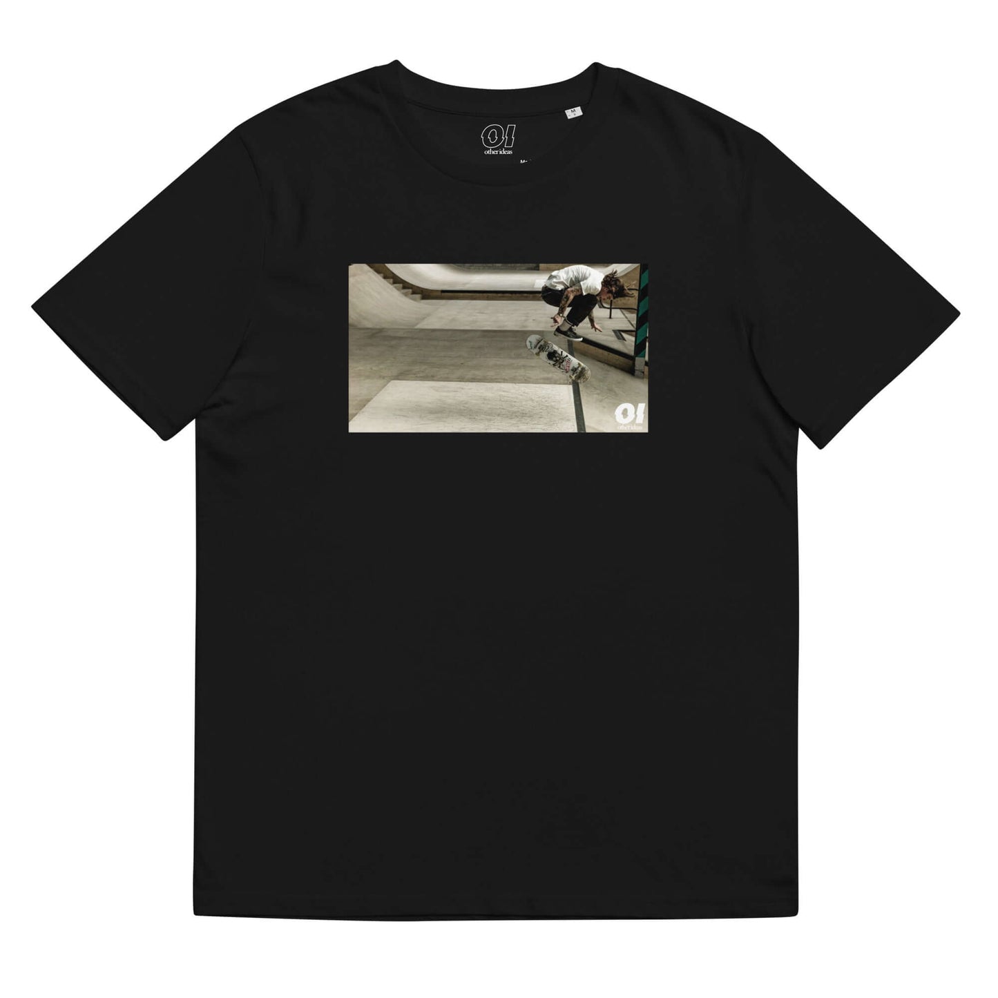 other ideas eco streetwear sustainable ethical clothing mens skateboarding photo "Ollie Flip" printed crewneck organic black cotton t-shirt flat front view