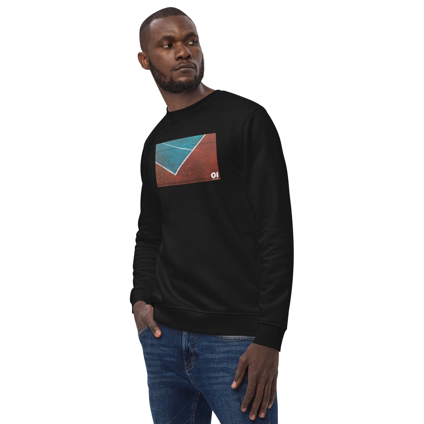 other ideas eco streetwear ethical clothing men's classic sweatshirt with tennis photo print black organic cotton blend jersey sustainable slow fashion modelled front view