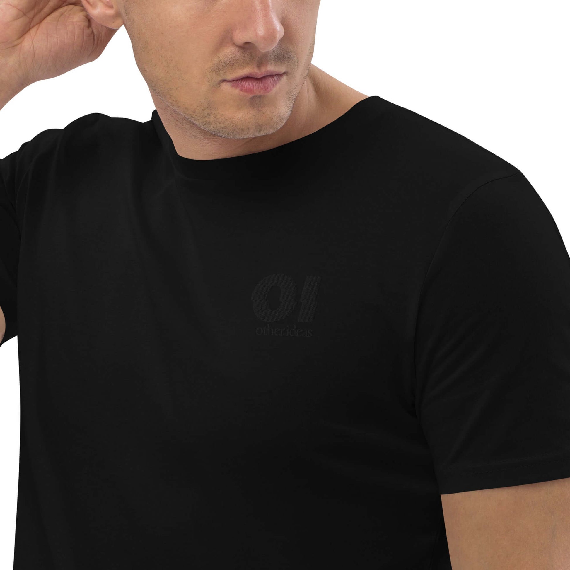 other ideas eco streetwear sustainable ethical clothing mens black logo embroidered crewneck organic black cotton t-shirt modelled front zoomed view