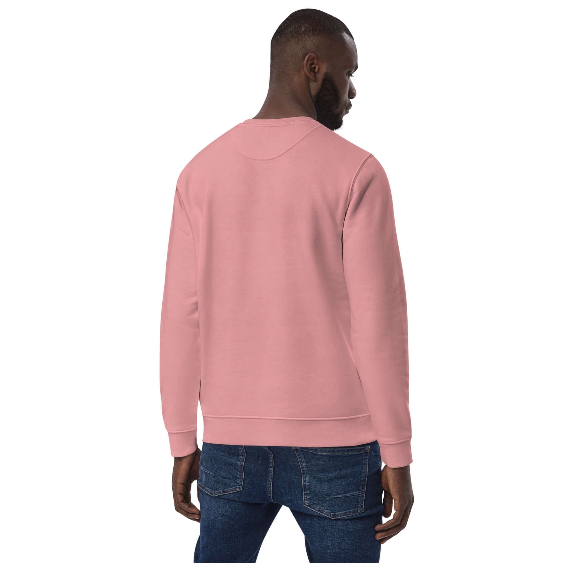 other ideas eco streetwear ethical clothing men's logo embroidered organic cotton blend jersey canyon pink sweatshirt sustainable slow fashion modelled back view