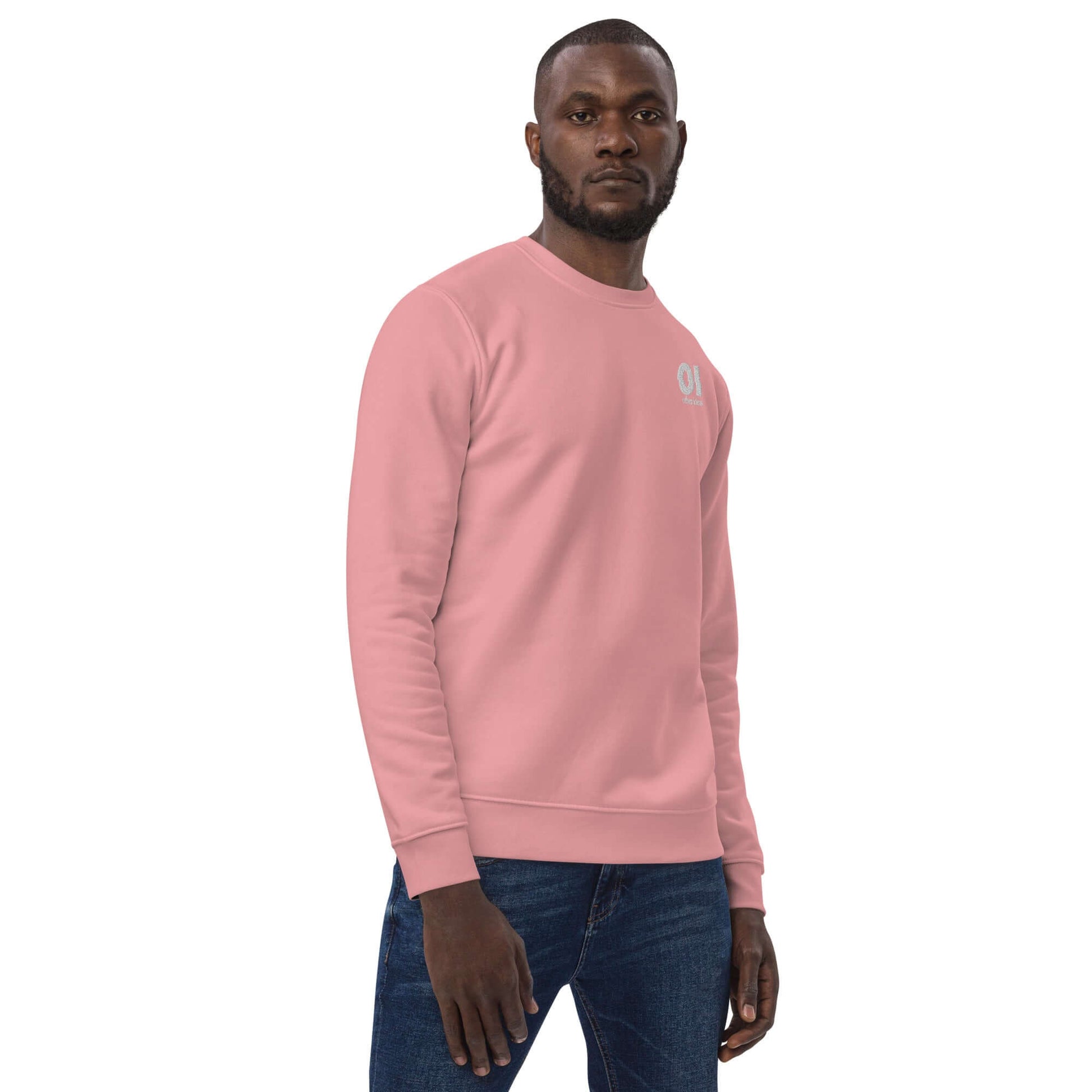 other ideas eco streetwear ethical clothing men's logo embroidered organic cotton blend jersey canyon pink sweatshirt sustainable slow fashion modelled front view