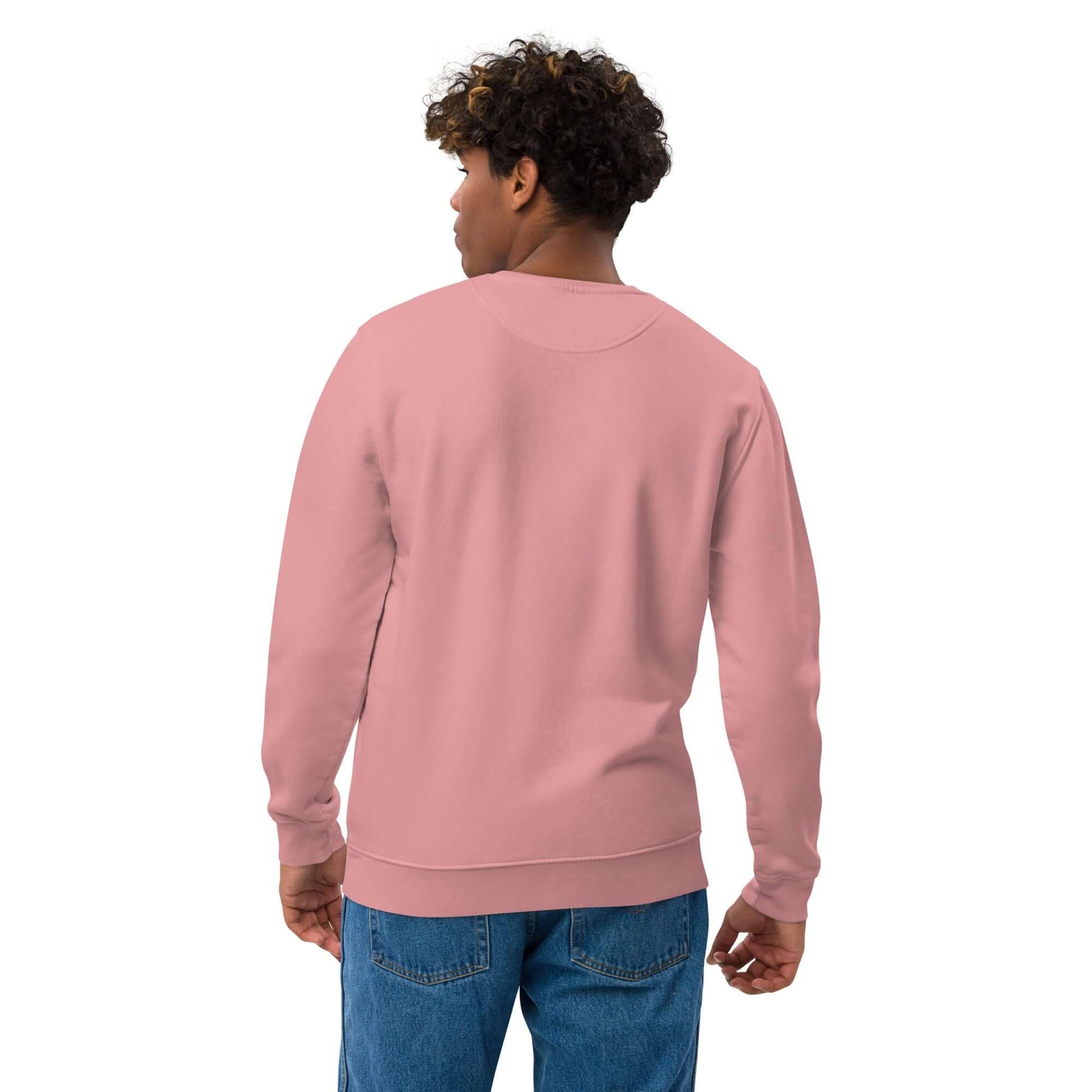 other ideas eco streetwear ethical clothing men's canyon pink sweatshirt logo printed organic cotton blend jersey sustainable slow fashion modelled back view