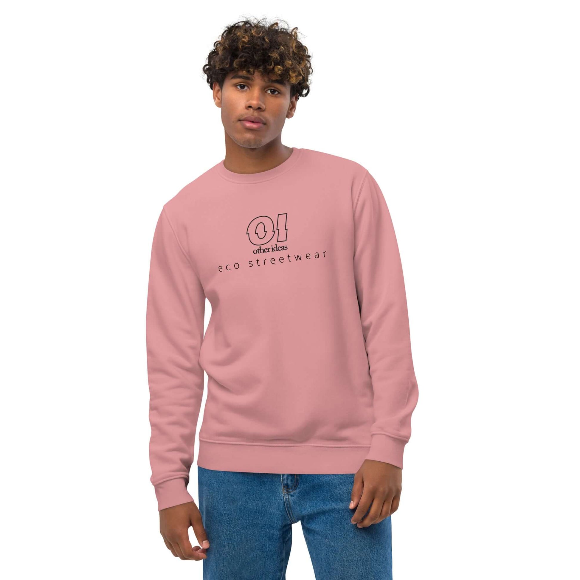 other ideas eco streetwear ethical clothing men's canyon pink sweatshirt logo printed organic cotton blend jersey sustainable slow fashion modelled front view