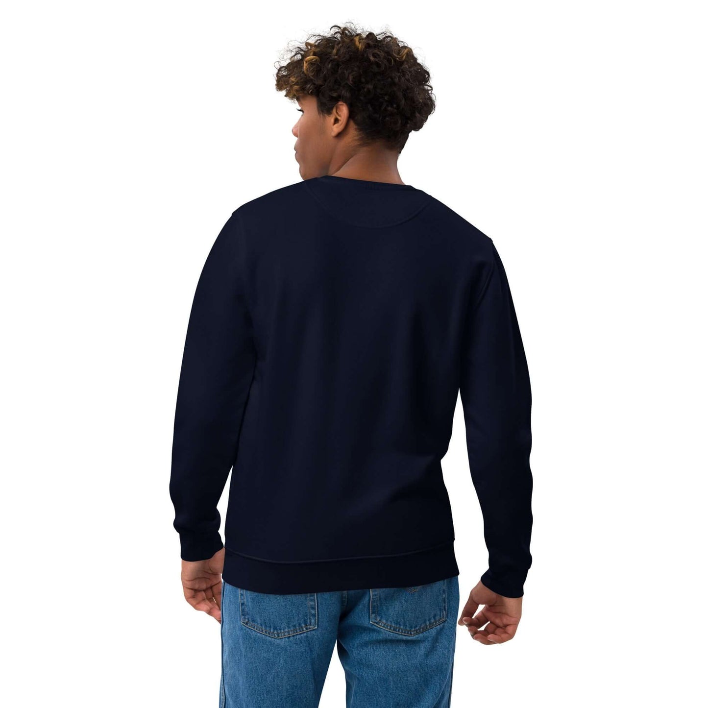 other ideas eco streetwear ethical clothing men's classic sweatshirt with colour palm shadow photo print french navy blue organic cotton blend jersey sustainable slow fashion modelled back view