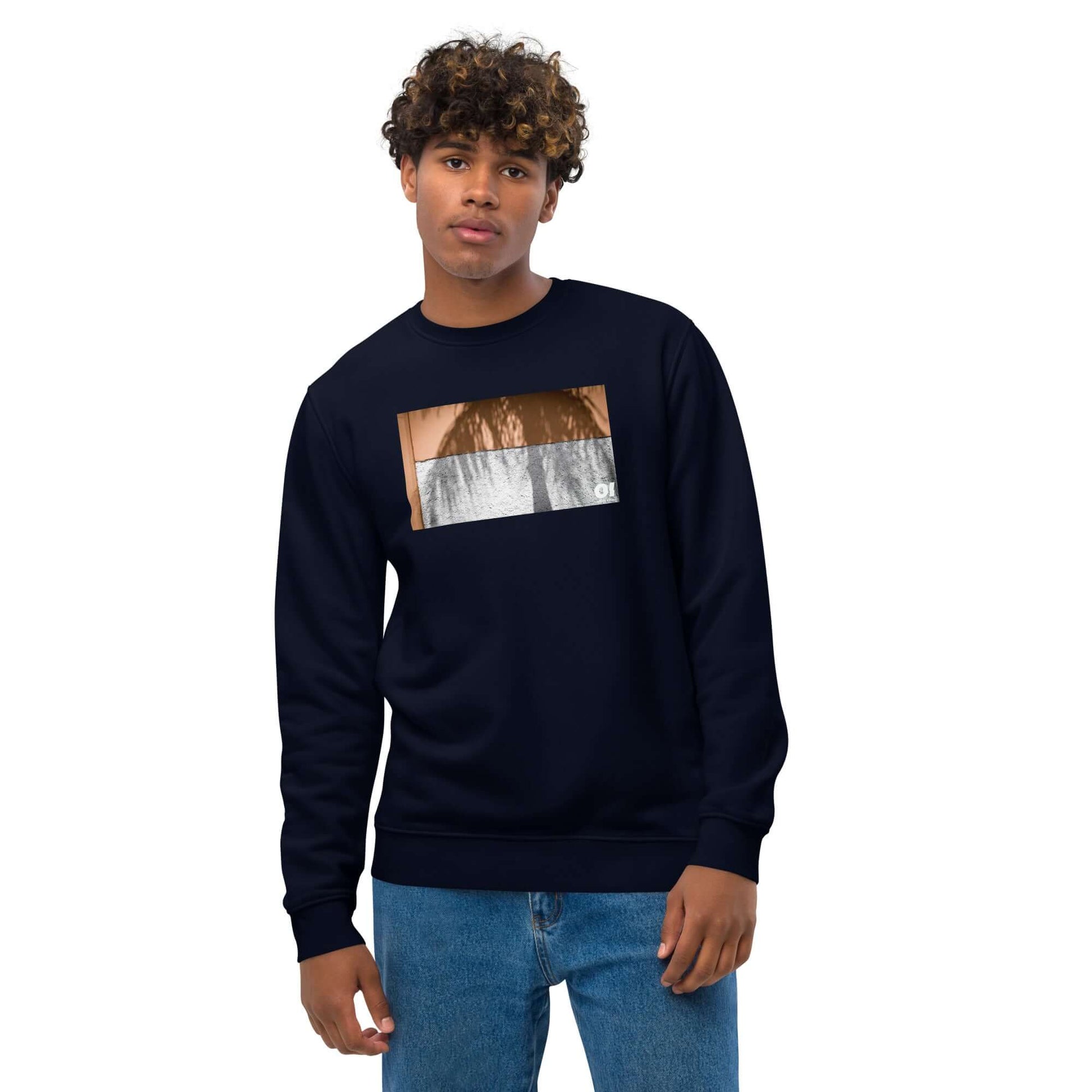 other ideas eco streetwear ethical clothing men's classic sweatshirt with colour palm shadow photo print french navy blue organic cotton blend jersey sustainable slow fashion modelled front view