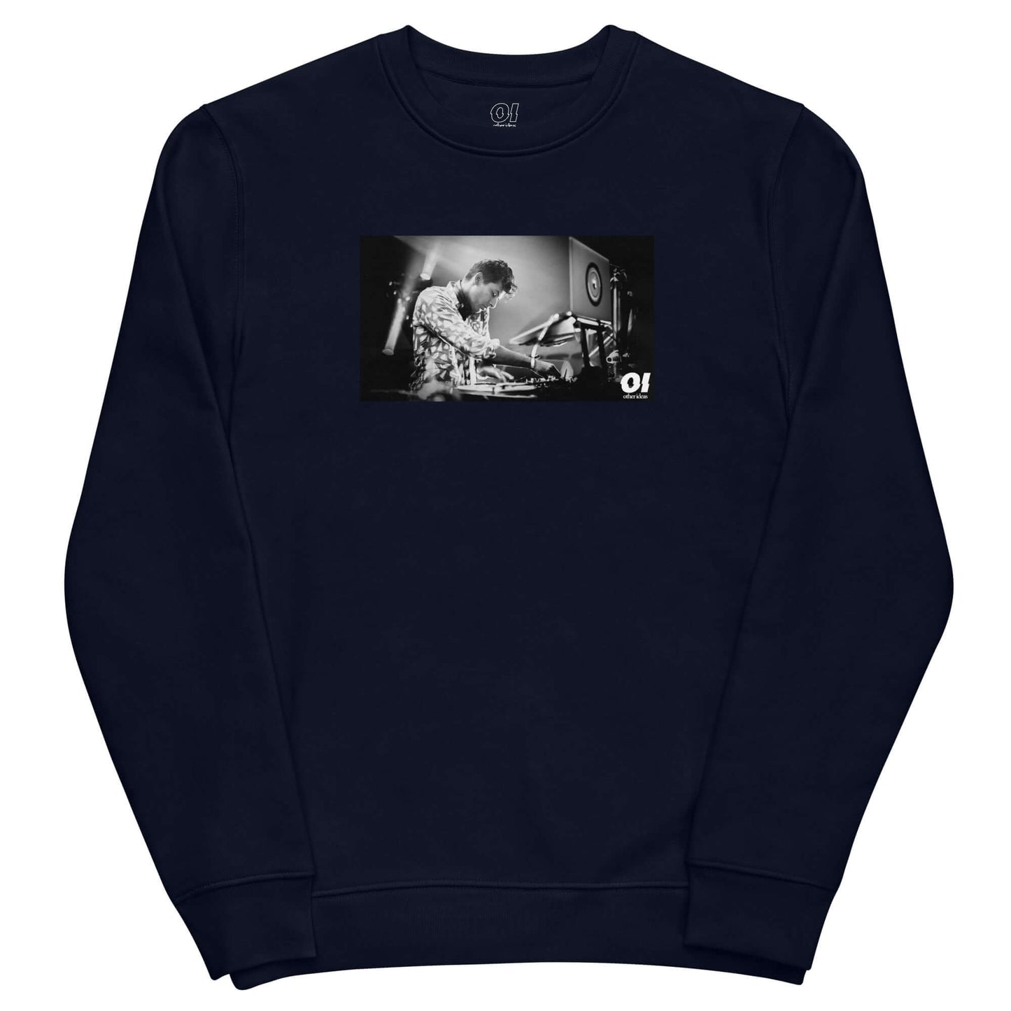 other ideas eco streetwear ethical clothing men's classic sweatshirt with Dj Mark Ronson photo print french navy blue organic cotton blend jersey sustainable slow fashion flat front view