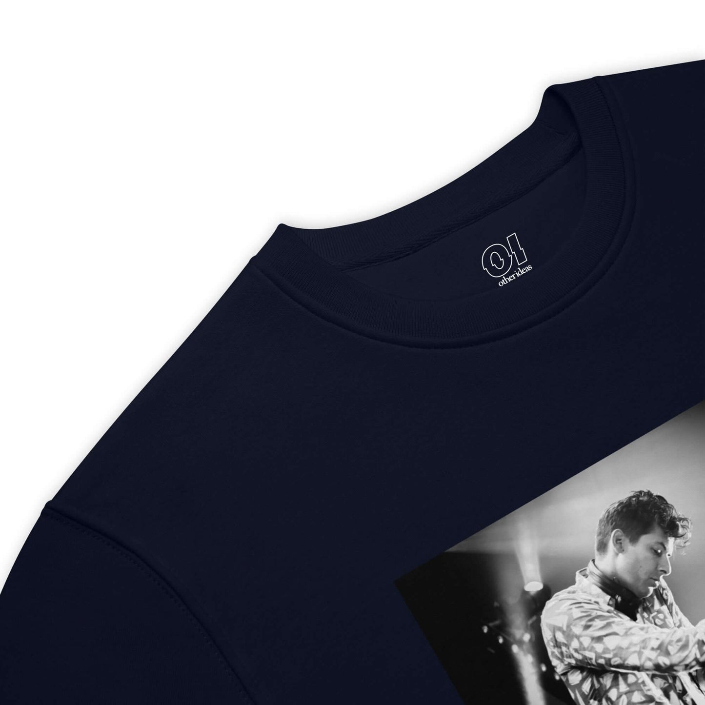 other ideas eco streetwear ethical clothing men's classic sweatshirt with Dj Mark Ronson photo print french navy blue organic cotton blend jersey sustainable slow fashion flat front ribbed collar detail view