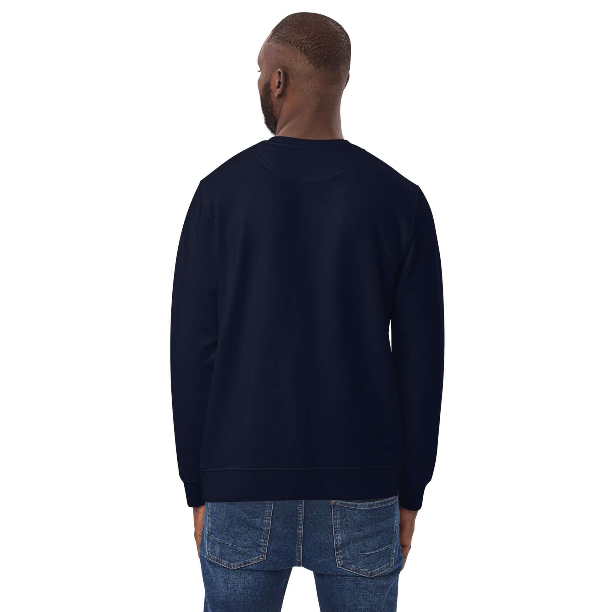 other ideas eco streetwear ethical clothing men's classic sweatshirt with Dj Mark Ronson photo print french navy blue organic cotton blend jersey sustainable slow fashion modelled back view