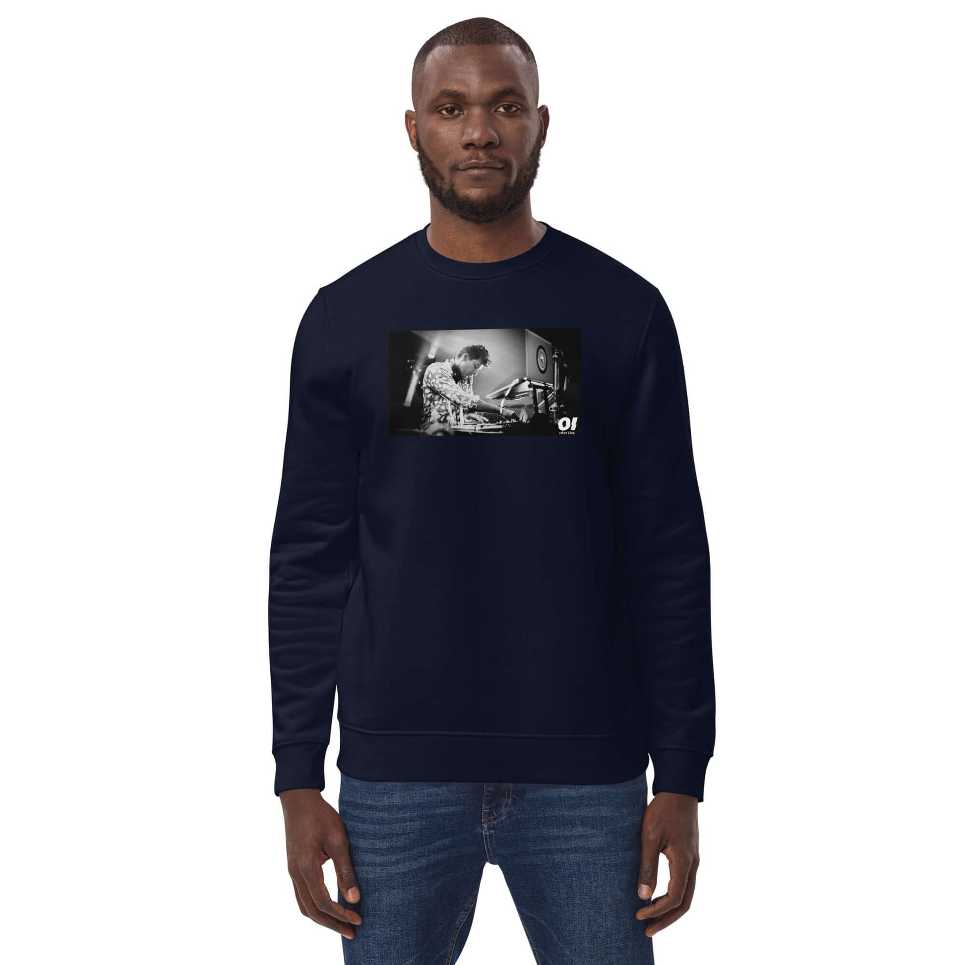 other ideas eco streetwear ethical clothing men's classic sweatshirt with Dj Mark Ronson photo print french navy blue organic cotton blend jersey sustainable slow fashion flat front ribbed modelled front view