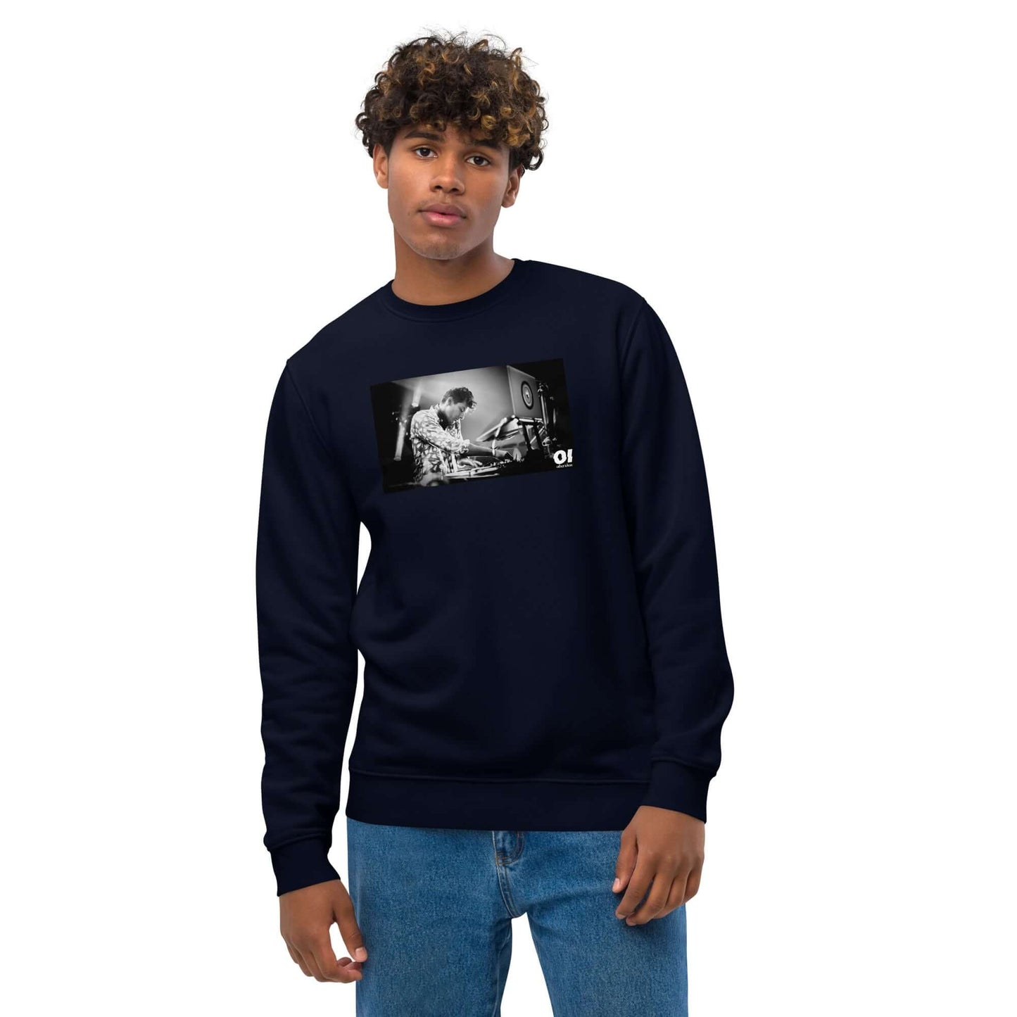 other ideas eco streetwear ethical clothing men's classic sweatshirt with Dj Mark Ronson photo print french navy blue organic cotton blend jersey sustainable slow fashion modelled front view