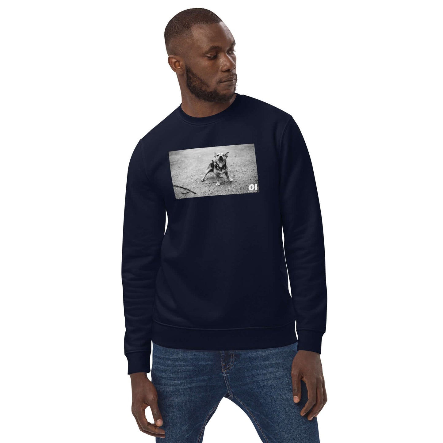 other ideas eco streetwear ethical clothing men's classic sweatshirt with dog photo print french navy blue organic cotton blend jersey sustainable slow fashion modelled front view