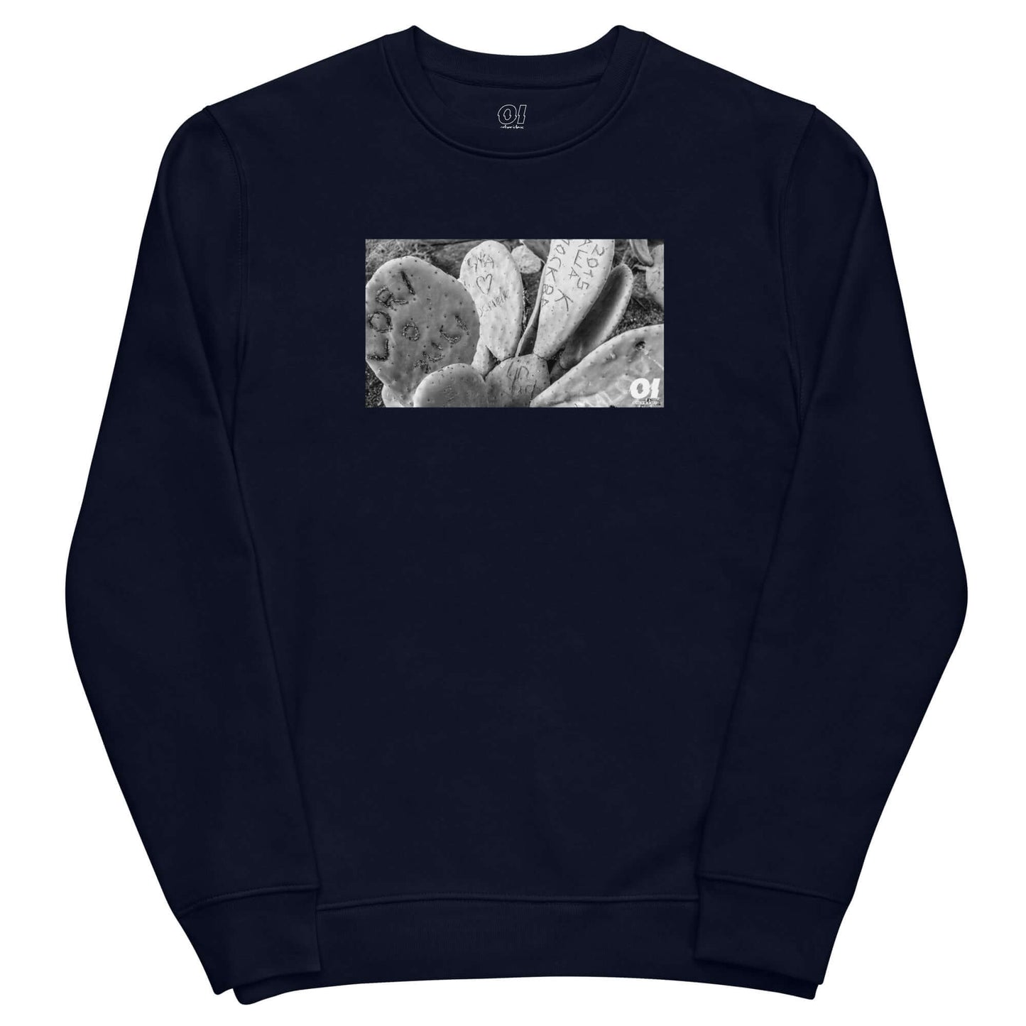 other ideas eco streetwear ethical clothing men's classic sweatshirt with graffiti cactus photo print french navy blue organic cotton blend jersey sustainable slow fashion flat front view