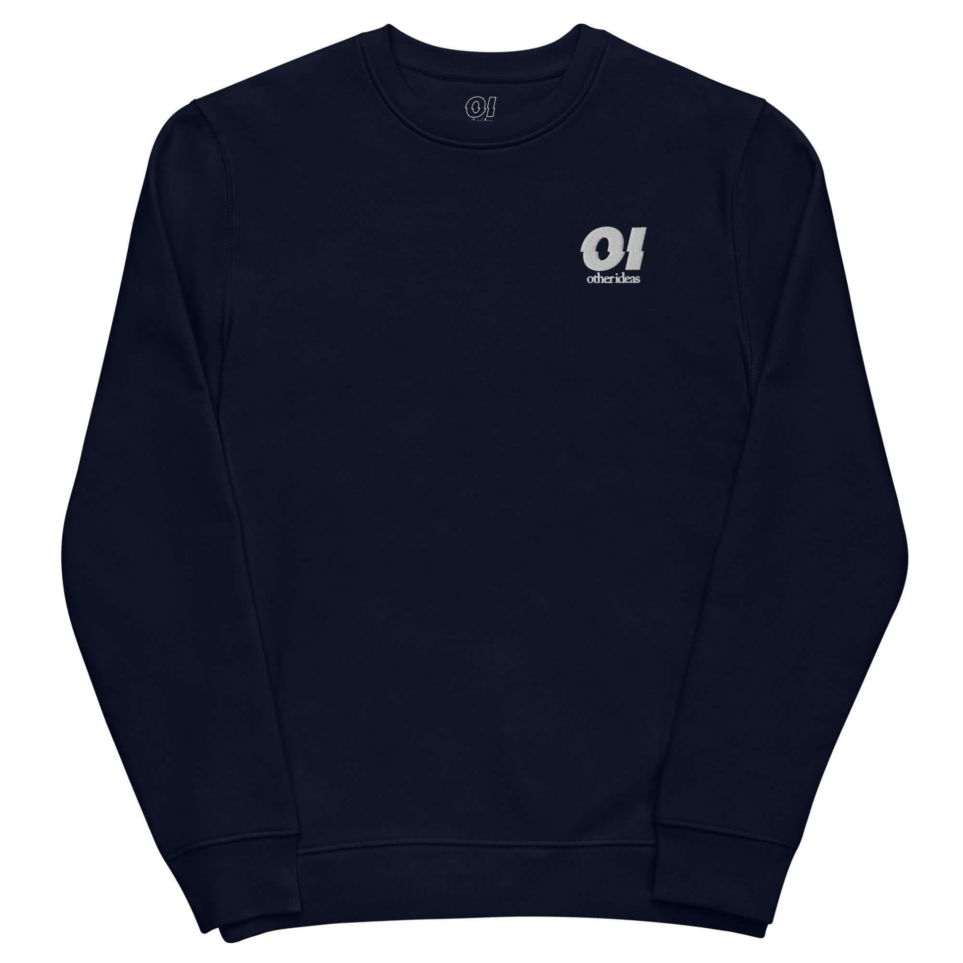 other ideas eco streetwear ethical clothing men's logo embroidered organic cotton blend jersey french navy blue sweatshirt sustainable slow fashion flat front view