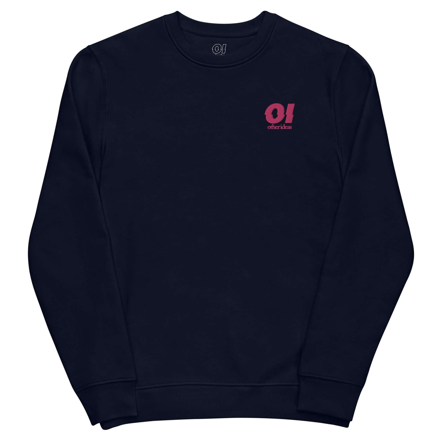 other ideas eco streetwear ethical clothing men's flamingo pink logo embroidered organic cotton blend jersey french navy blue sweatshirt sustainable slow fashion flat front view