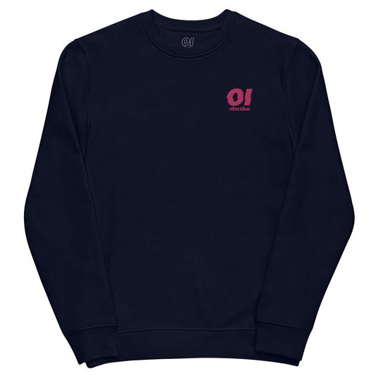 other ideas eco streetwear ethical clothing men's flamingo pink logo embroidered organic cotton blend jersey french navy blue sweatshirt sustainable slow fashion flat front view