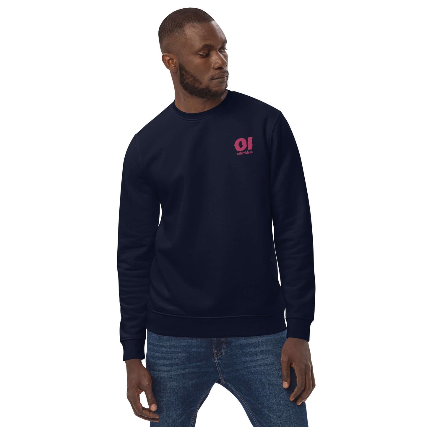 other ideas eco streetwear ethical clothing men's flamingo pink logo embroidered organic cotton blend jersey french navy blue sweatshirt sustainable slow fashion modelled front view