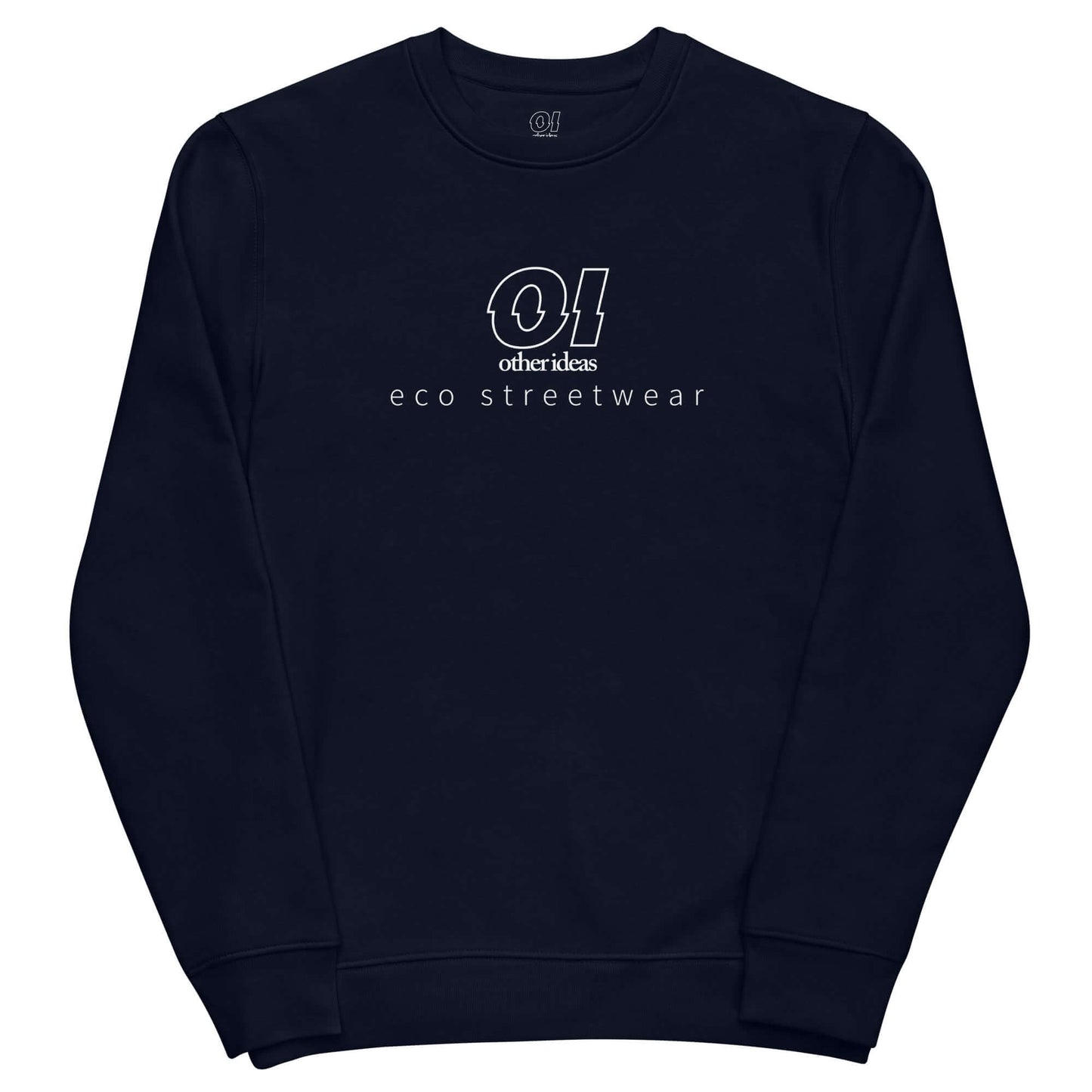 other ideas eco streetwear ethical clothing men's french navy blue sweatshirt logo printed organic cotton blend jersey sustainable slow fashion flat front view