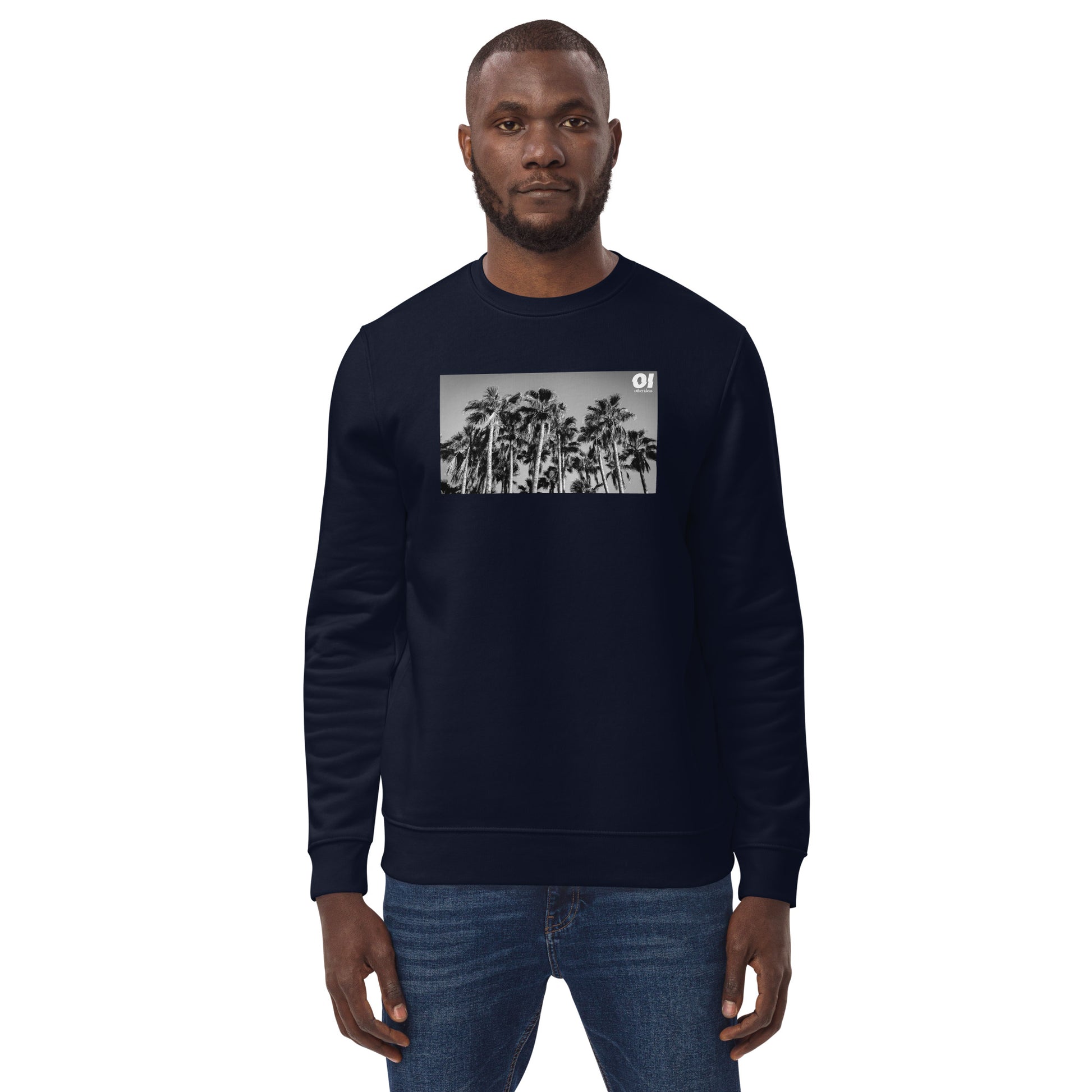 other ideas eco streetwear ethical clothing men's classic sweatshirt with palm trees photo print french navy blue organic cotton blend jersey sustainable slow fashion modelled front view