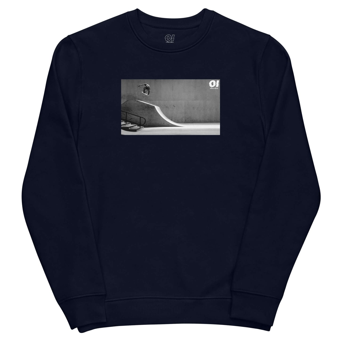 other ideas eco streetwear ethical clothing men's classic sweatshirt with skateboarding air photo print french navy blue organic cotton blend jersey sustainable slow fashion flat front view