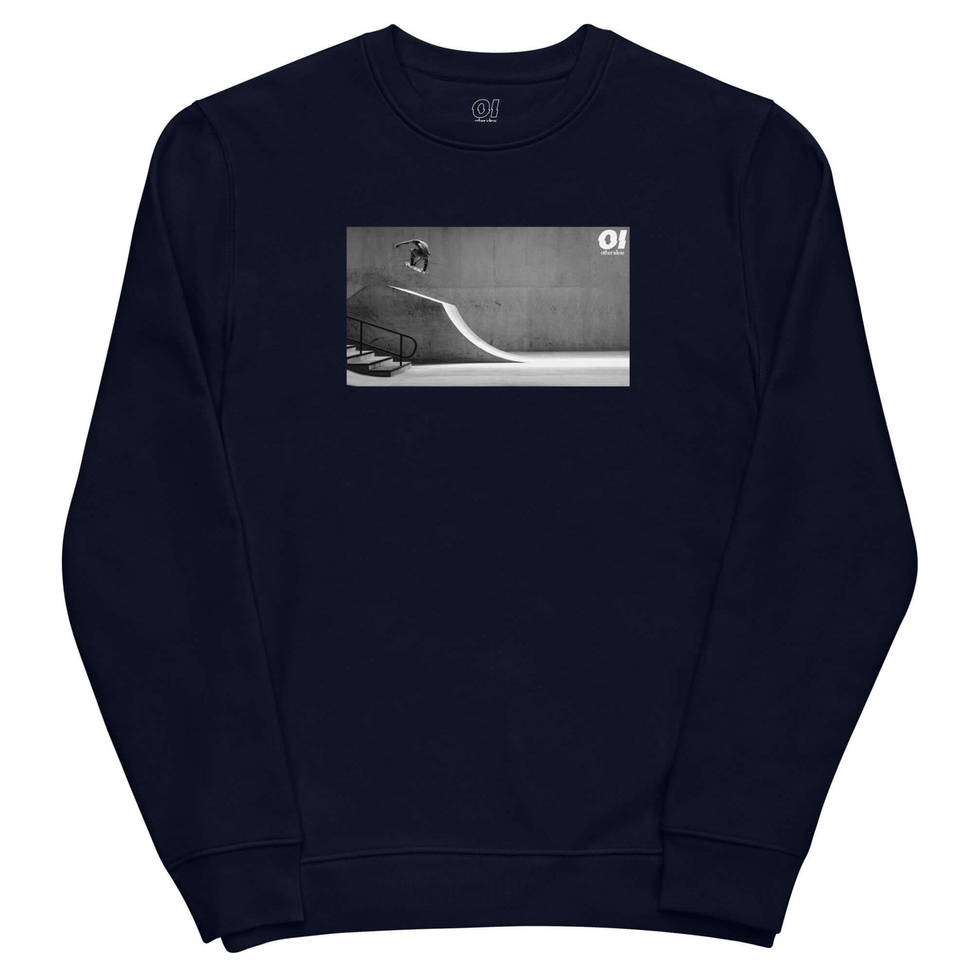 other ideas eco streetwear ethical clothing men's classic sweatshirt with skateboarding air photo print french navy blue organic cotton blend jersey sustainable slow fashion flat front view