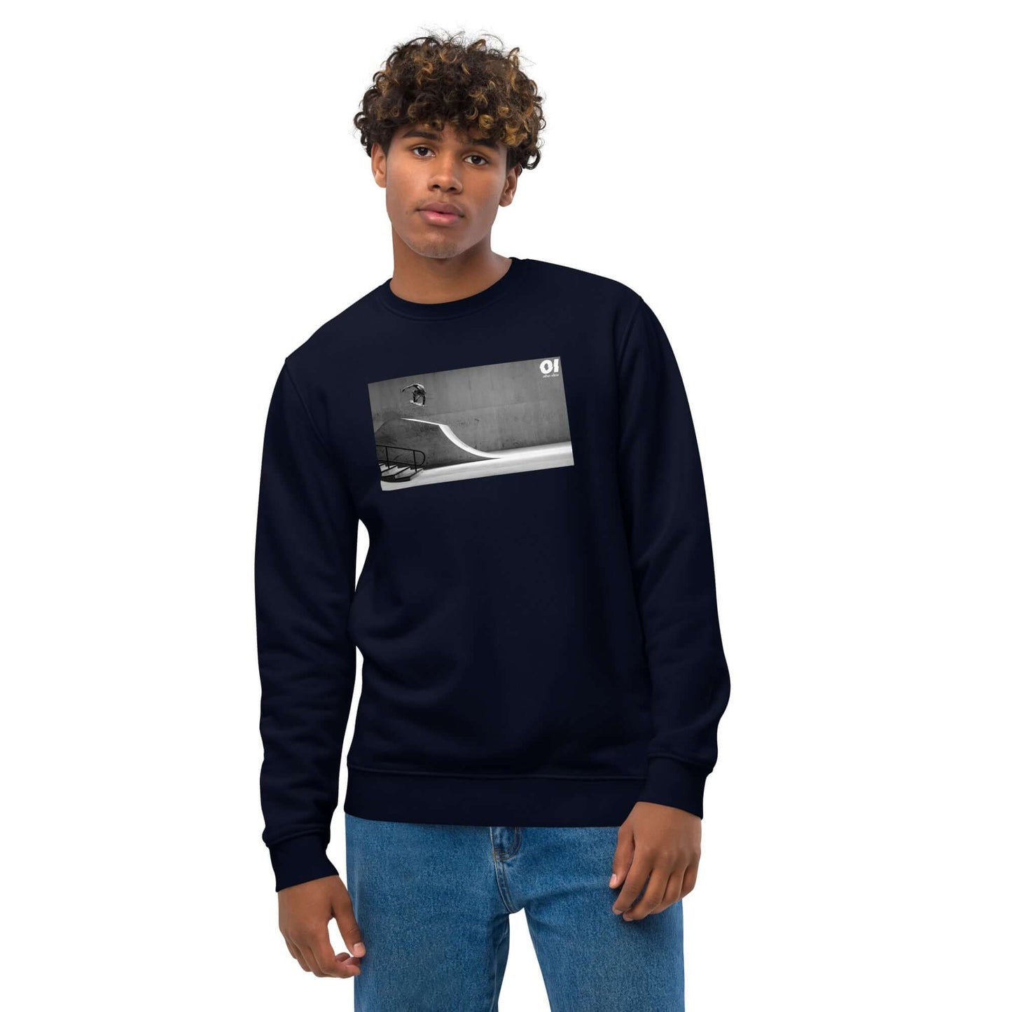 other ideas eco streetwear ethical clothing men's classic sweatshirt with skateboarding air photo print french navy blue organic cotton blend jersey sustainable slow fashion modelled front view