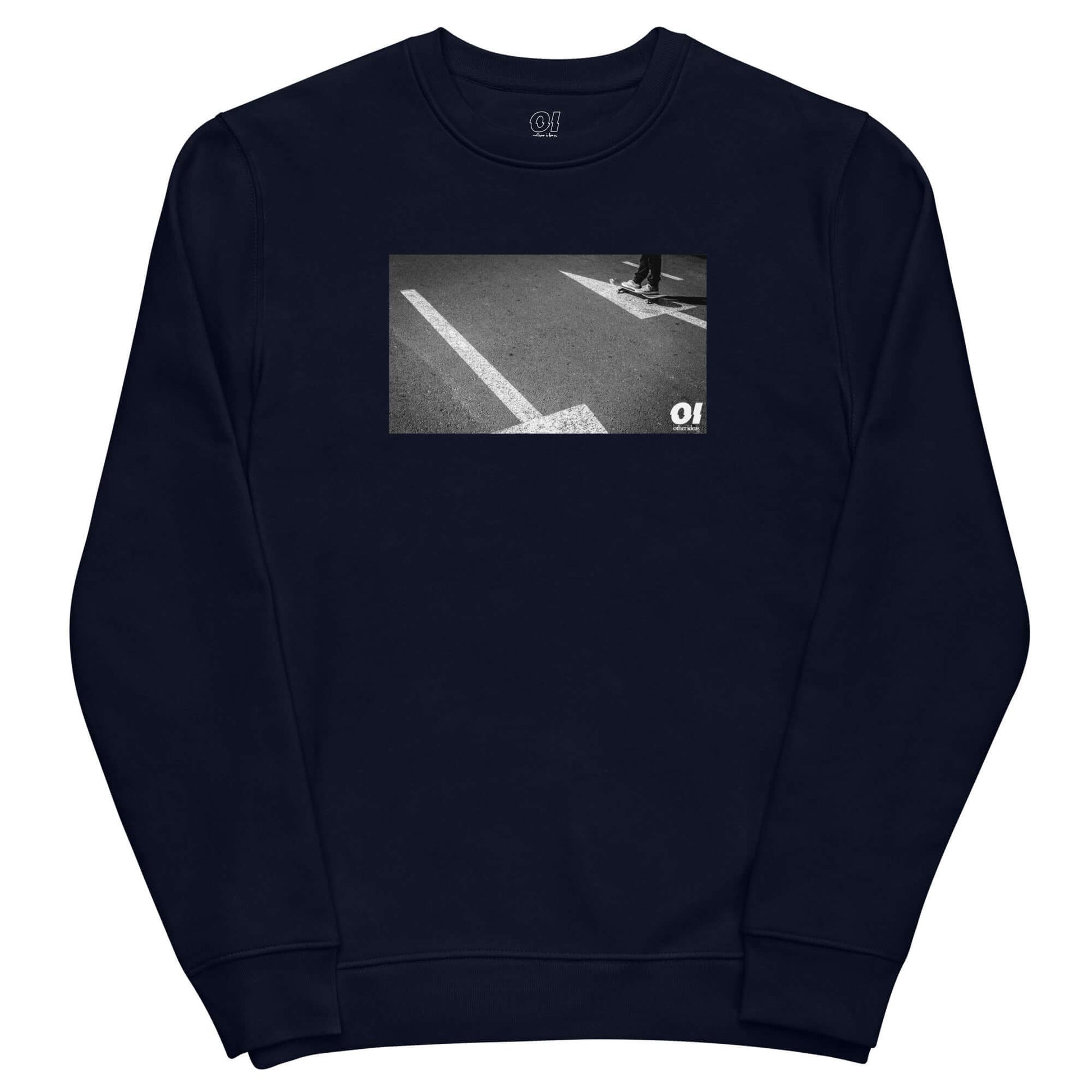 other ideas eco streetwear ethical clothing men's classic sweatshirt with skateboarding arrows photo print french navy blue organic cotton blend jersey sustainable slow fashion flat front view