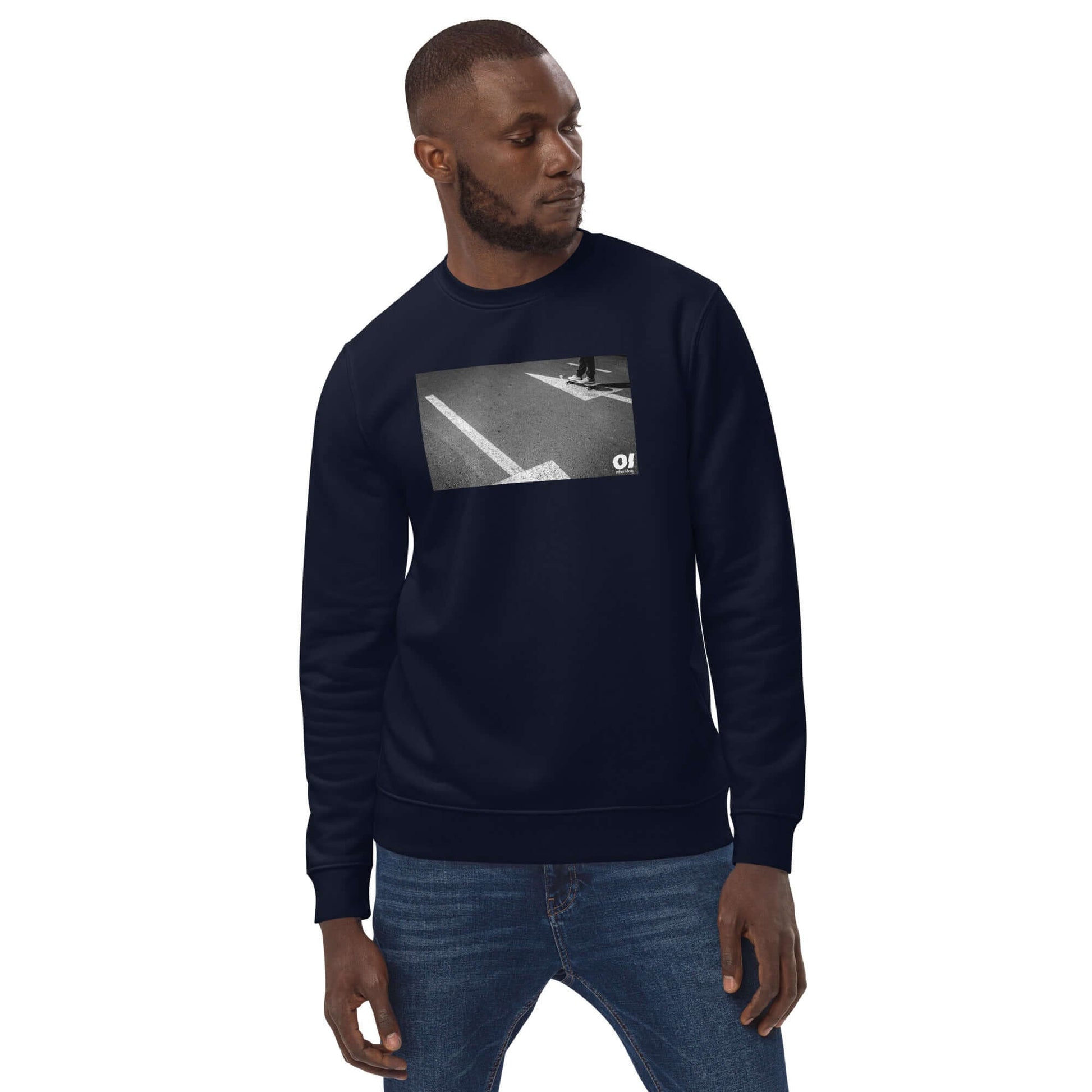 other ideas eco streetwear ethical clothing men's classic sweatshirt with skateboarding arrows photo print french navy blue organic cotton blend jersey sustainable slow fashion modelled front view