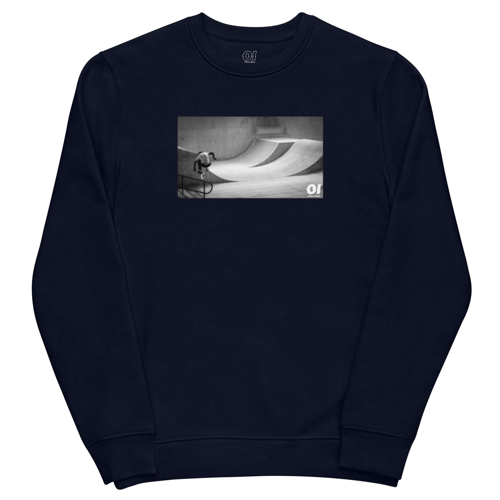 other ideas eco streetwear ethical clothing men's classic sweatshirt with skateboarding jump photo print french navy blue organic cotton blend jersey sustainable slow fashion flat front view