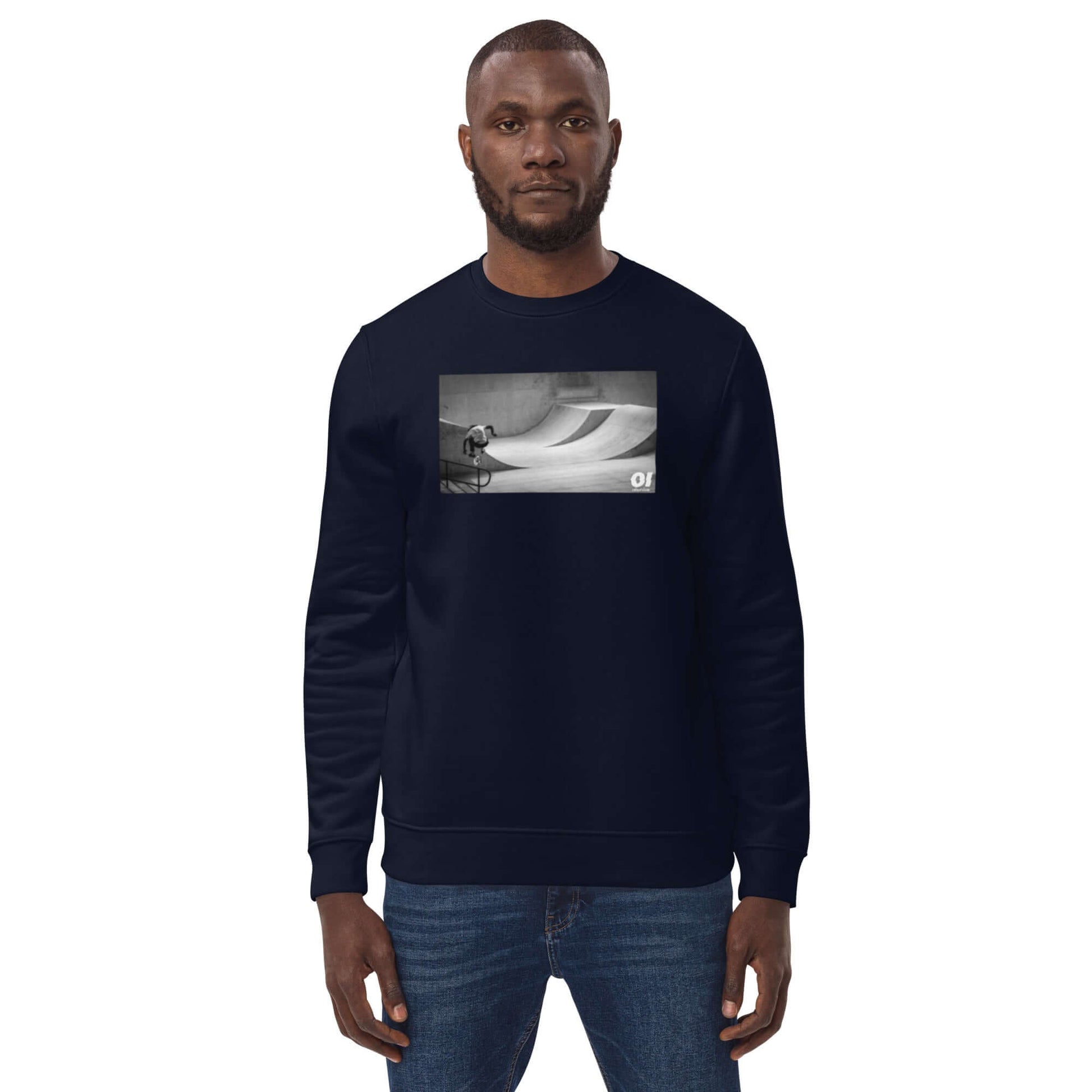 other ideas eco streetwear ethical clothing men's classic sweatshirt with skateboarding jump photo print french navy blue organic cotton blend jersey sustainable slow fashion modelled front view