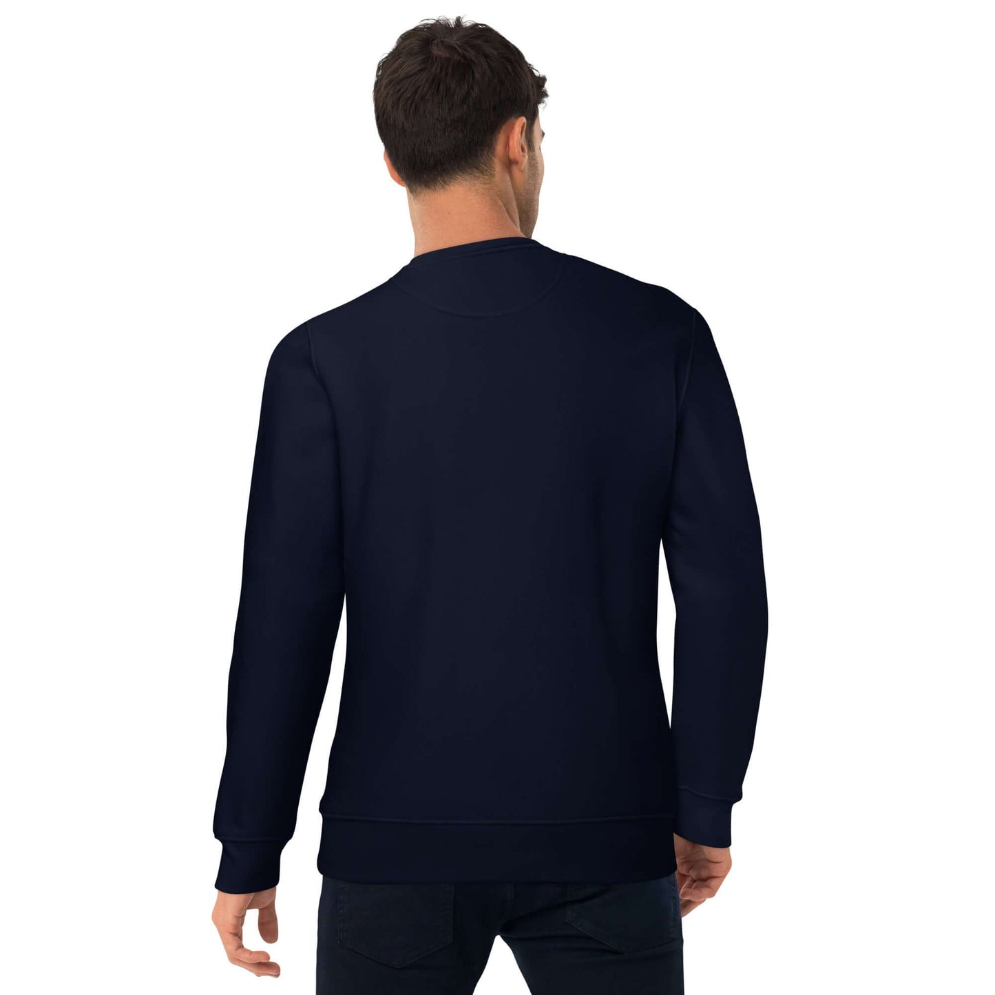 other ideas eco streetwear ethical clothing men's logo embroidered organic cotton blend jersey french navy blue sweatshirt sustainable slow fashion modelled back view