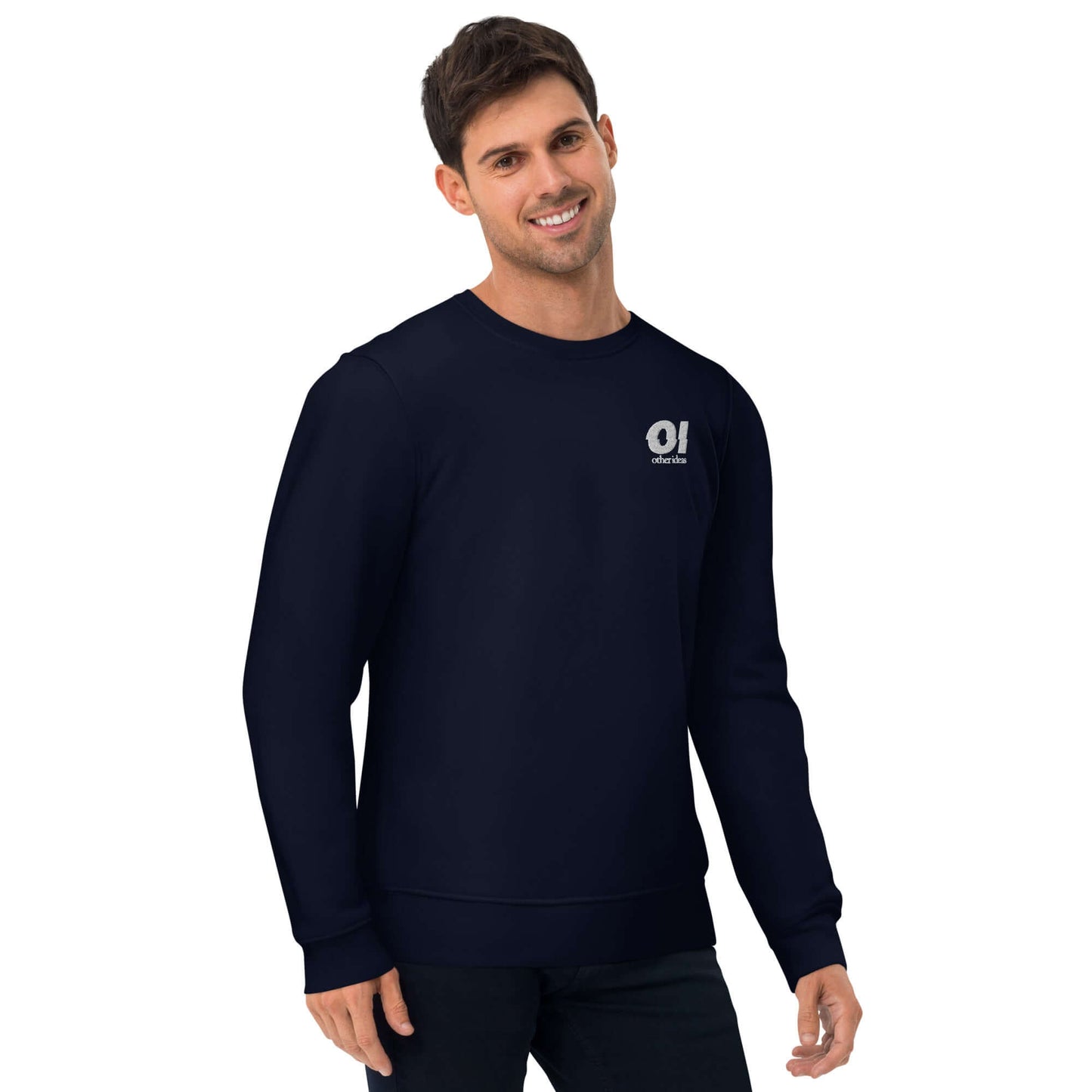 other ideas eco streetwear ethical clothing men's logo embroidered organic cotton blend jersey french navy blue sweatshirt sustainable slow fashion modelled front view