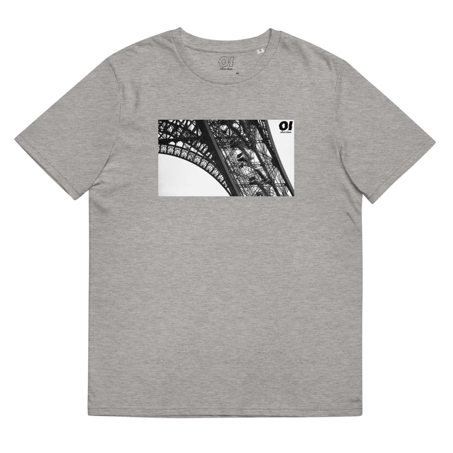 other ideas eco streetwear sustainable ethical clothing mens eiffel tower printed crewneck organic heather grey cotton t-shirt flat front view