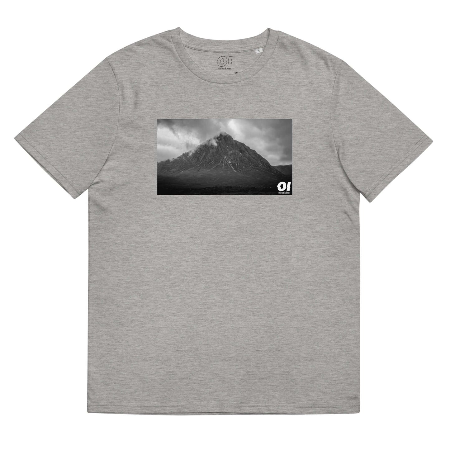 other ideas eco streetwear sustainable ethical clothing mens mountain photo printed crewneck organic heather grey cotton t-shirt flat front view