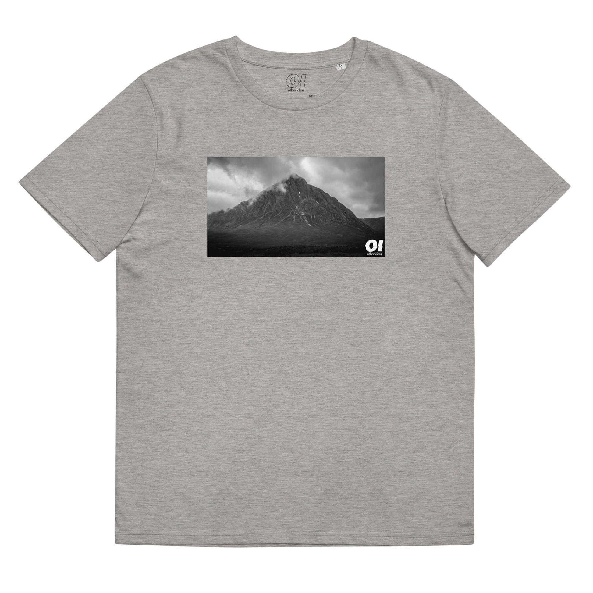 other ideas eco streetwear sustainable ethical clothing mens mountain photo printed crewneck organic heather grey cotton t-shirt flat front view