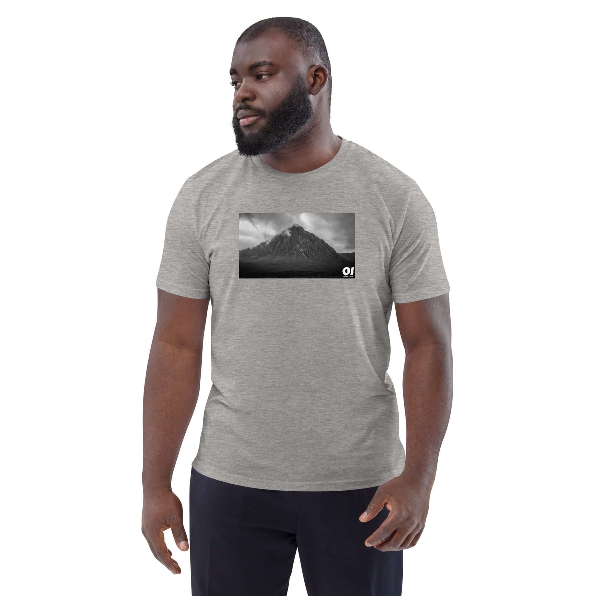 other ideas eco streetwear sustainable ethical clothing mens mountain photo printed crewneck organic heather grey cotton t-shirt modelled front view