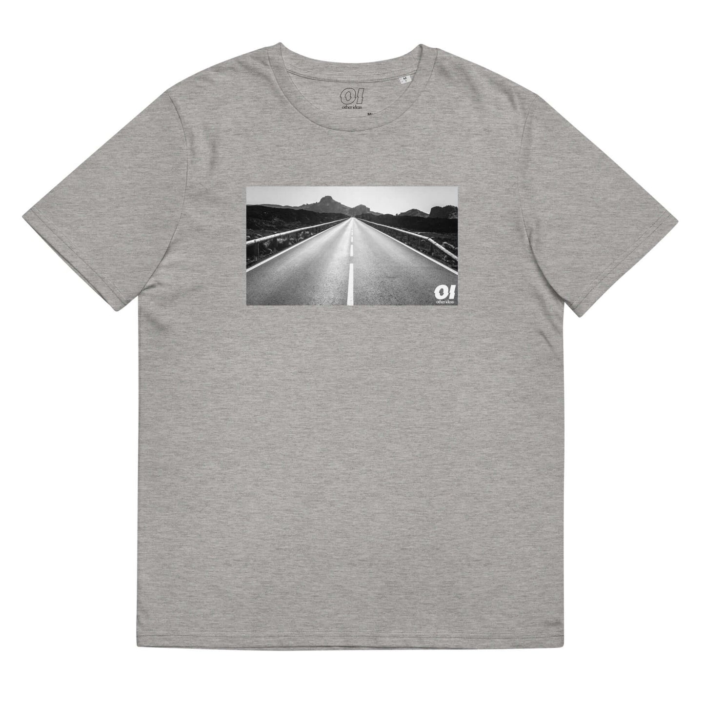 other ideas eco streetwear sustainable ethical clothing mens open road photo printed crewneck organic heather grey cotton t-shirt flat front view