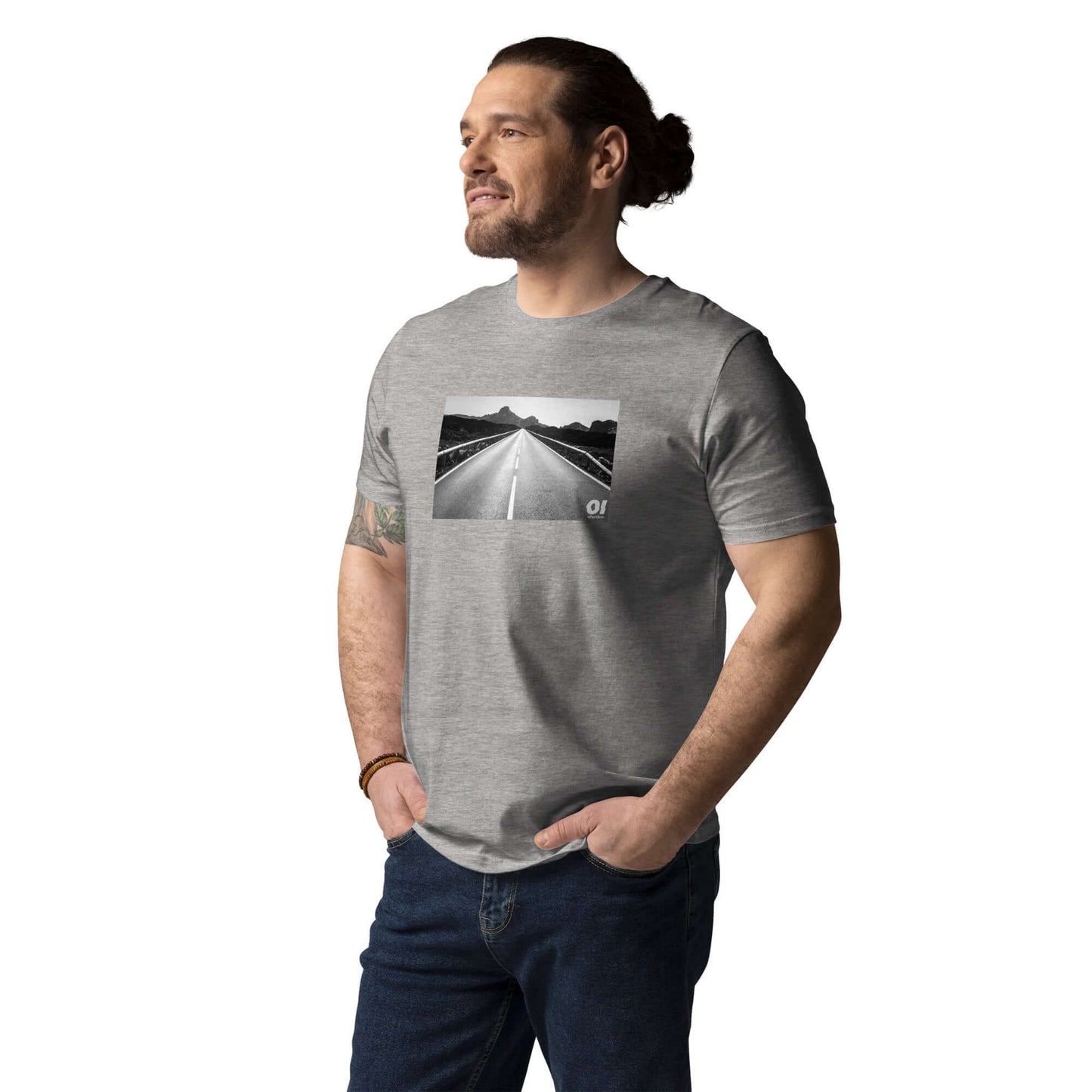 other ideas eco streetwear sustainable ethical clothing mens open road photo printed crewneck organic heather grey cotton t-shirt modelled front view