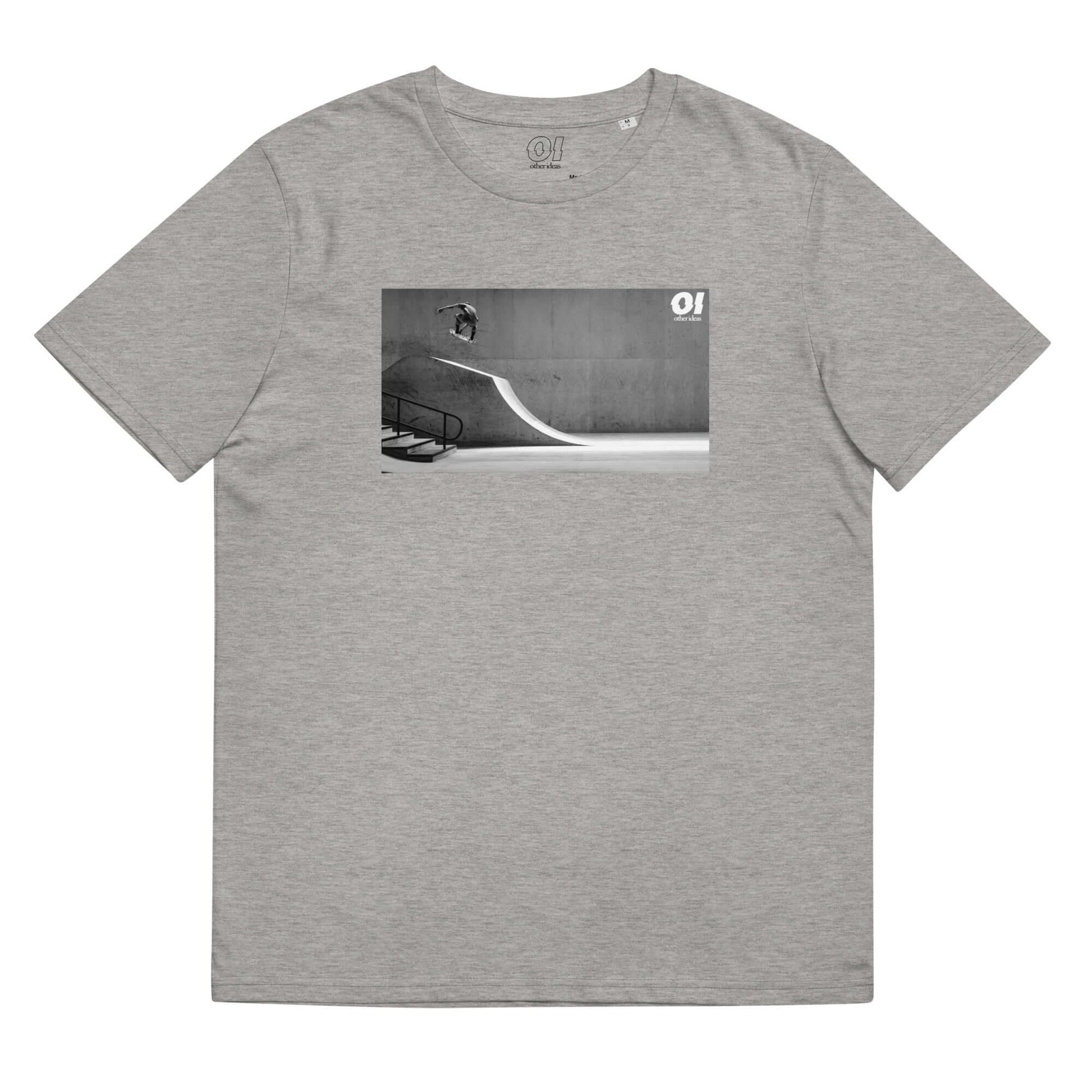 other ideas eco streetwear sustainable ethical clothing mens skateboarding photo "Air" printed crewneck organic heather grey cotton t-shirt flat front view