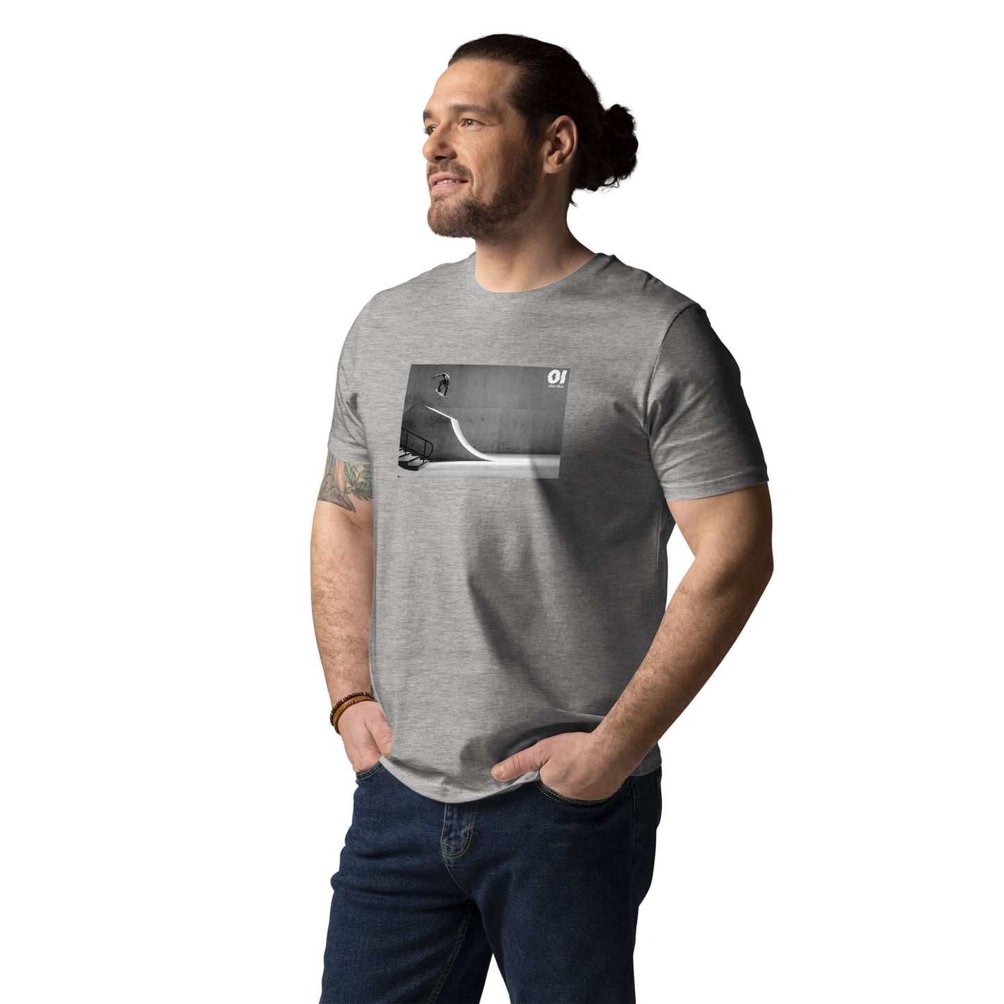 other ideas eco streetwear sustainable ethical clothing mens skateboarding photo "Air" printed crewneck organic heather grey cotton t-shirt modelled front view