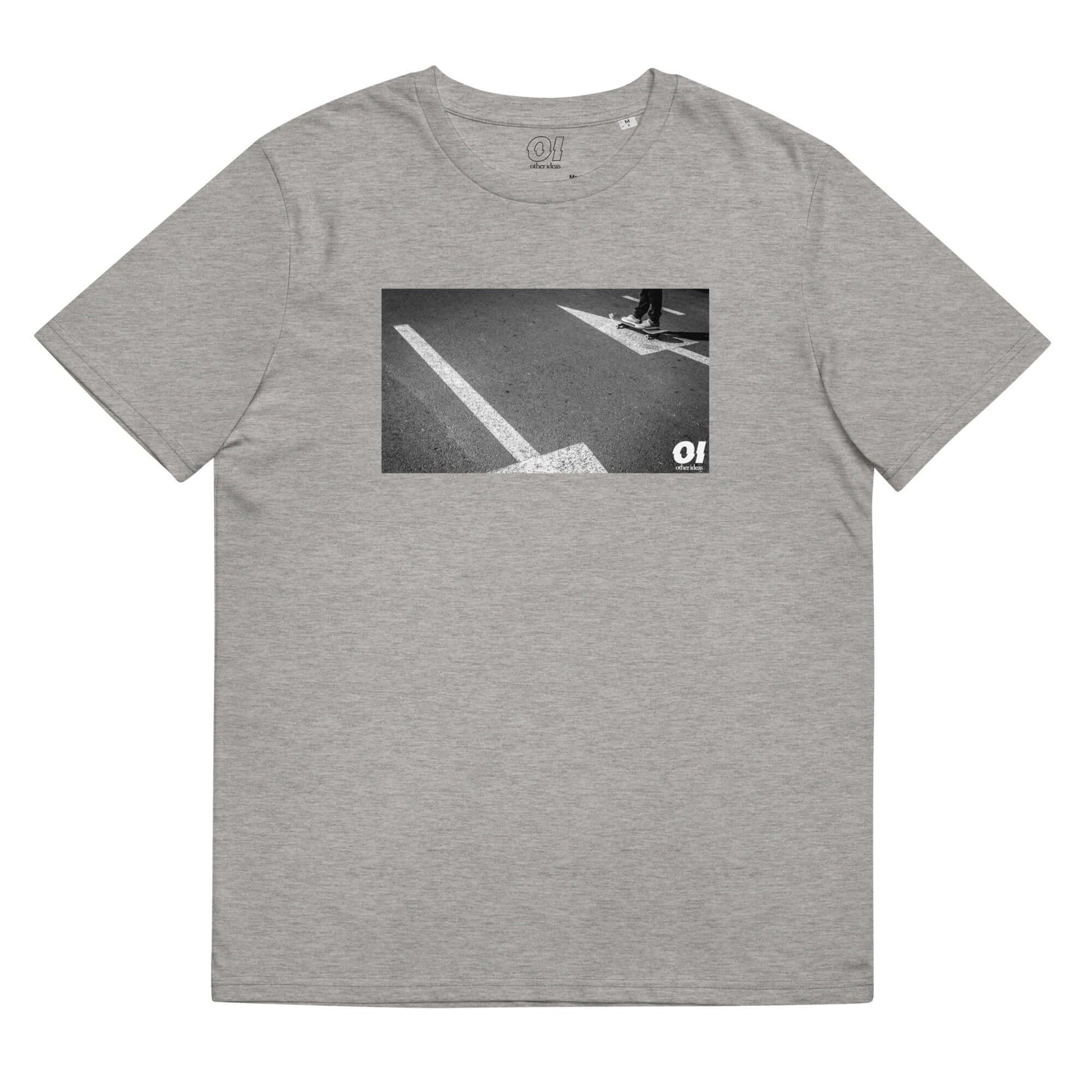 other ideas eco streetwear sustainable ethical clothing mens skateboarding photo "Arrows" printed crewneck organic heather grey cotton t-shirt flat front view