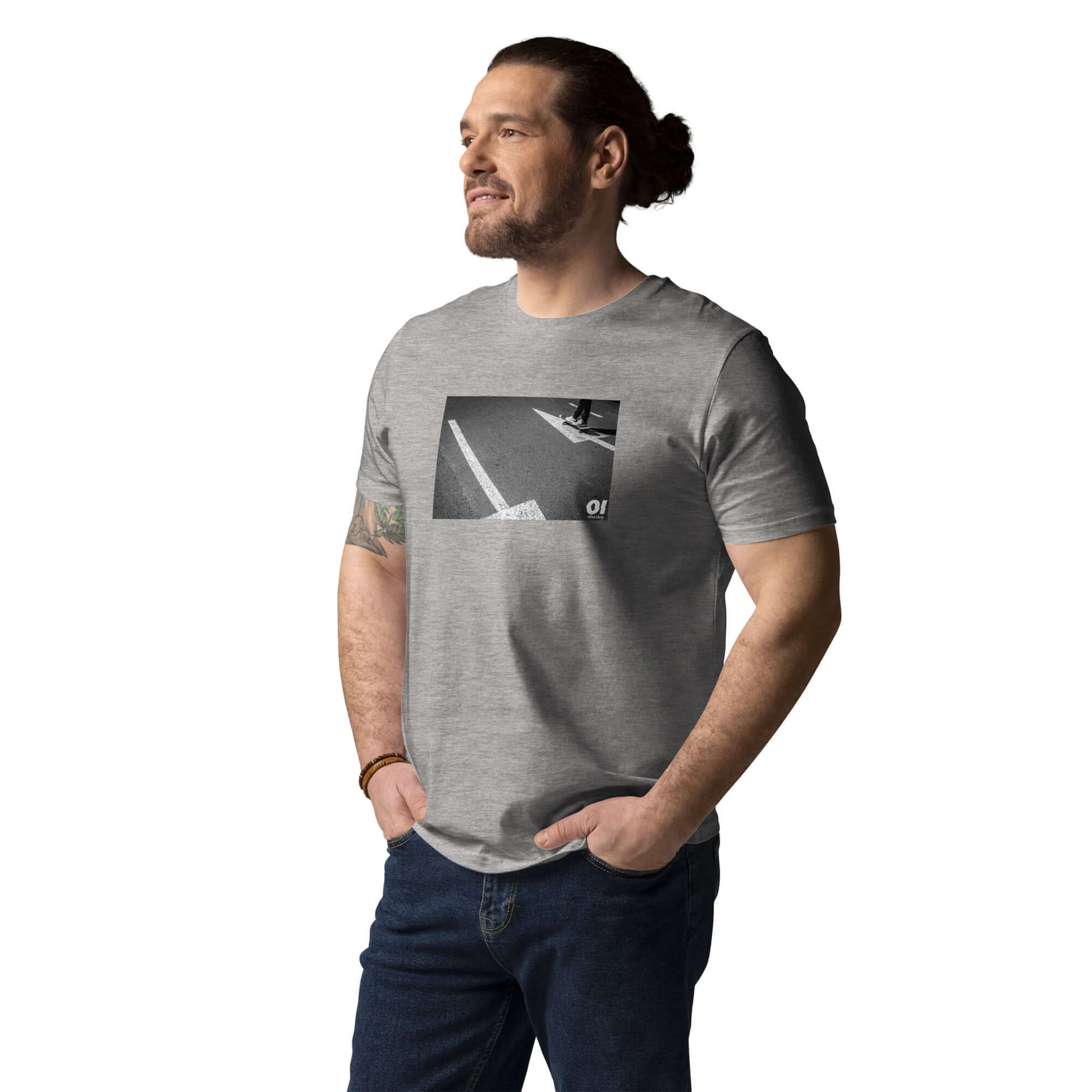 other ideas eco streetwear sustainable ethical clothing mens skateboarding photo "Arrows" printed crewneck organic heather grey cotton t-shirt modelled front view