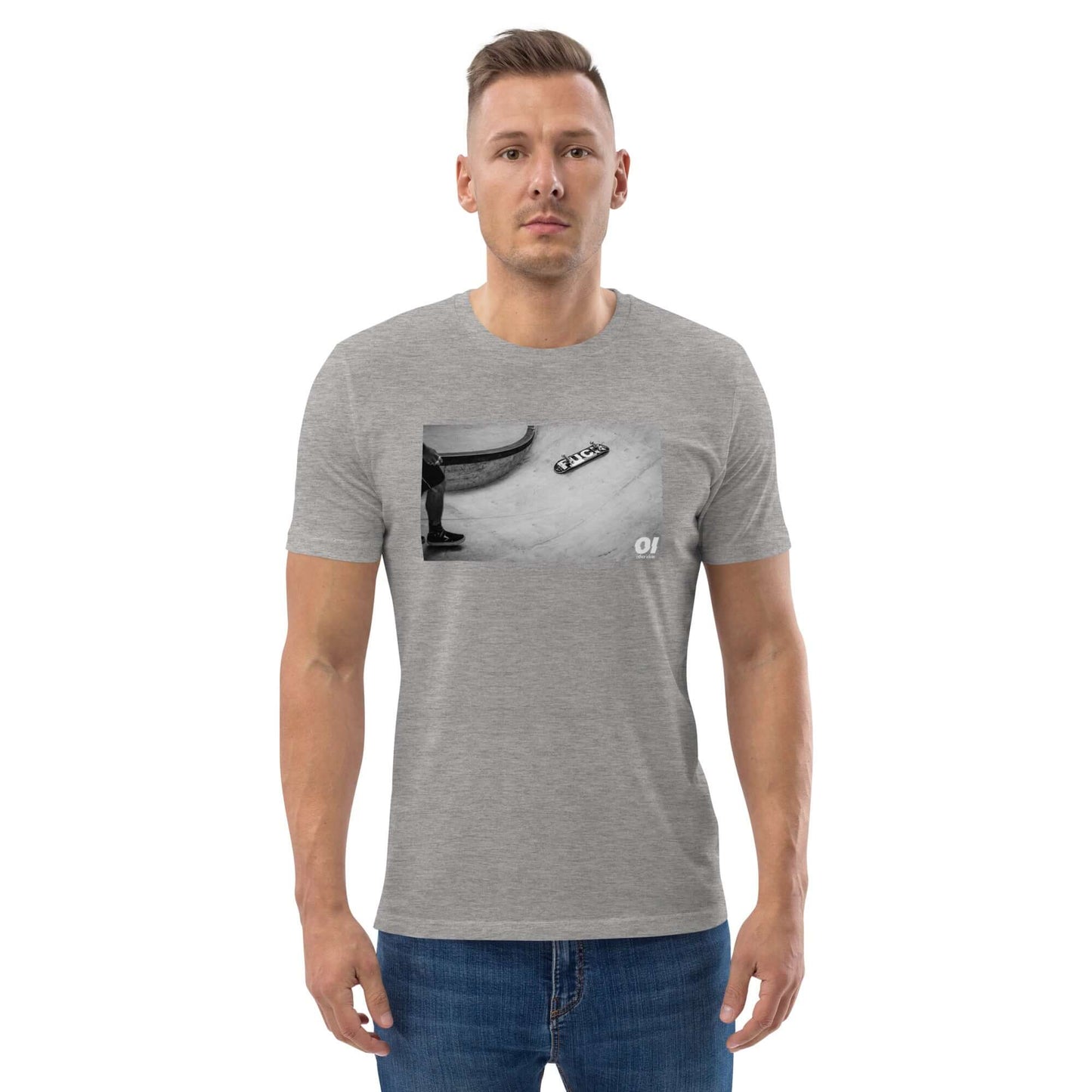 other ideas eco streetwear sustainable ethical clothing mens skateboarding photo "F*ck" printed crewneck organic heather grey cotton t-shirt modelled front view