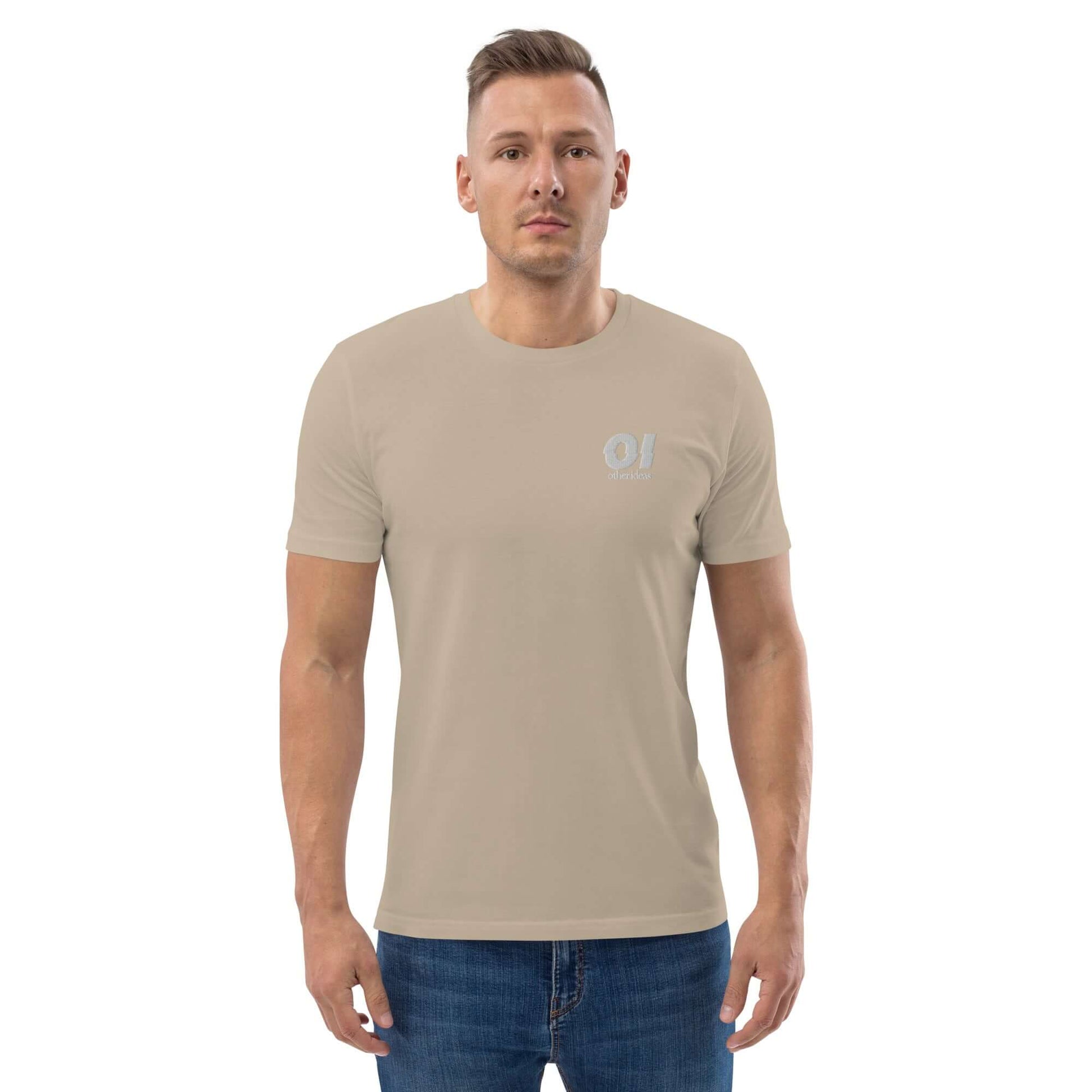 other ideas eco streetwear sustainable ethical clothing mens logo embroidered crewneck organic mojave sand cotton t-shirt modelled front view