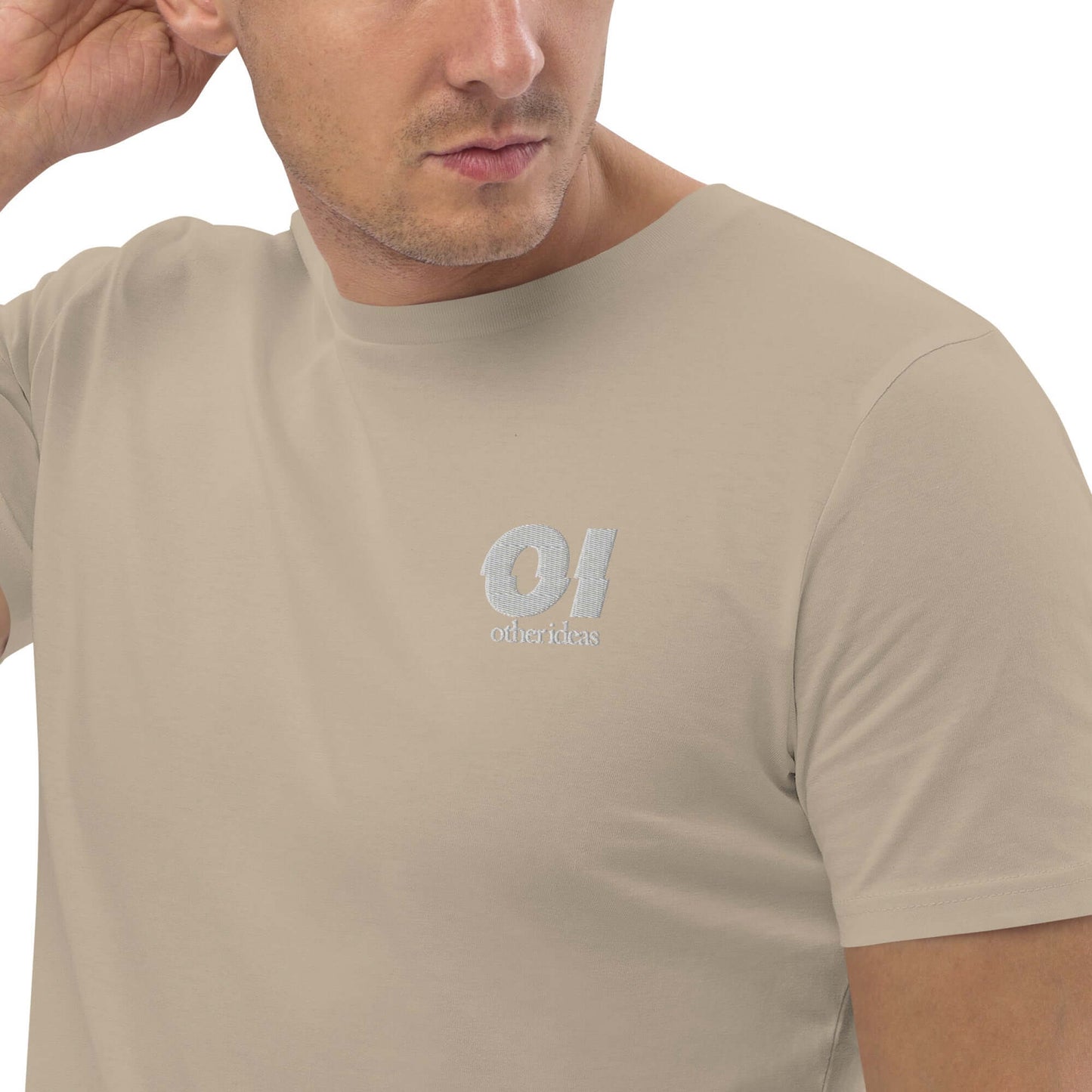 other ideas eco streetwear sustainable ethical clothing mens logo embroidered crewneck organic mojave sand cotton t-shirt modelled front zoomed view