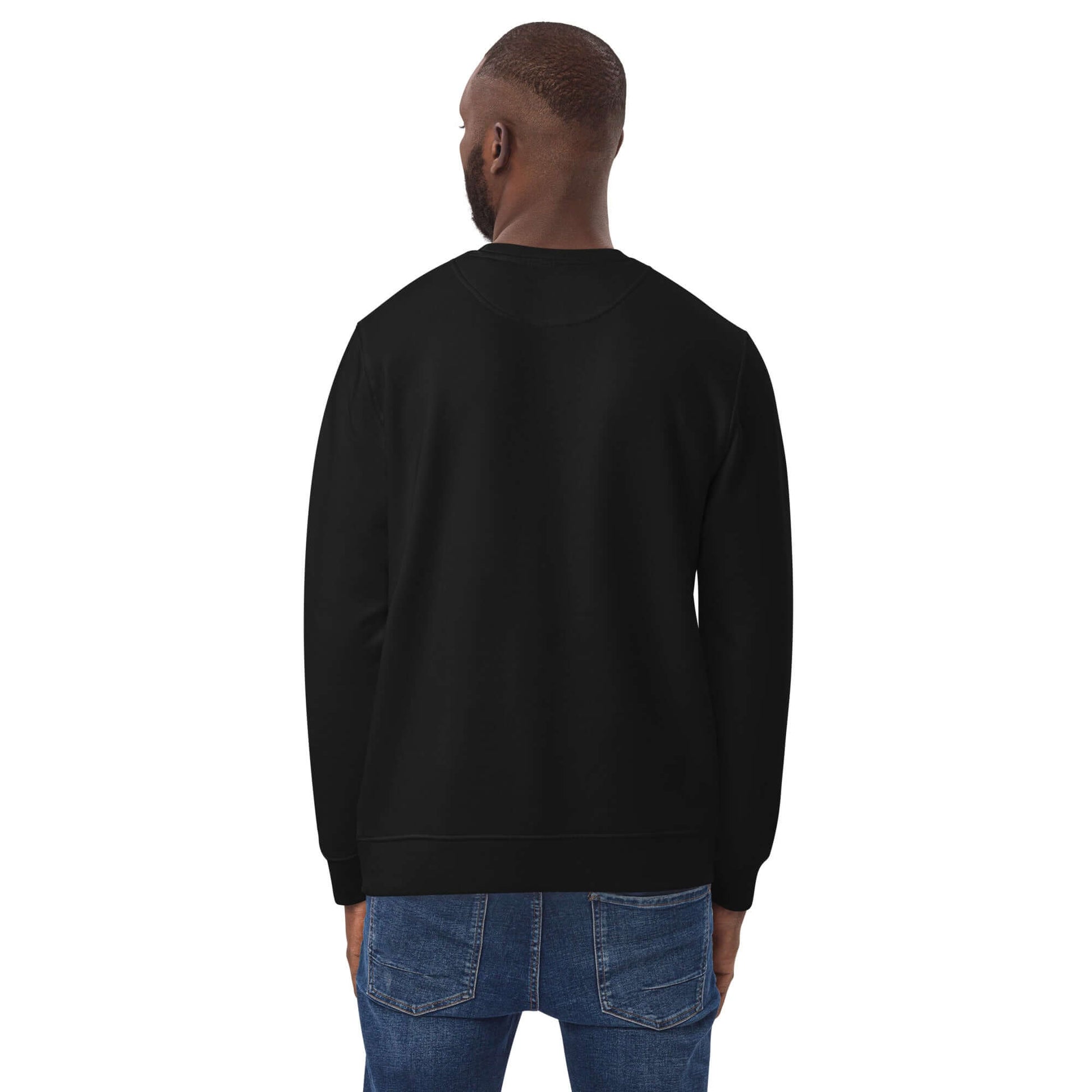 other ideas eco streetwear ethical clothing men's skateboarding ollie flip photo printed organic cotton blend jersey black sweatshirt sustainable slow fashion modelled back view