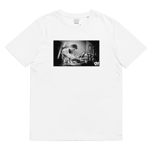 other ideas eco streetwear sustainable ethical clothing mens Dj Mark Ronson photo printed crewneck organic white cotton t-shirt flat front view