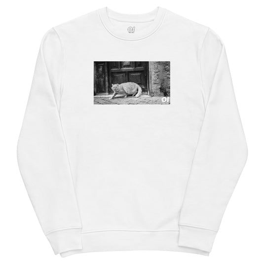 other ideas eco streetwear ethical clothing men's classic sweatshirt with cat photo print white organic cotton blend jersey sustainable slow fashion flat front view