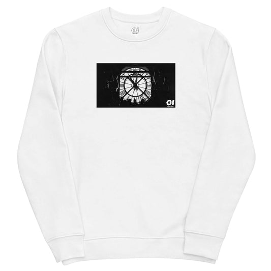 other ideas eco streetwear ethical clothing men's classic sweatshirt with clock face paris musee dorsay photo print white organic cotton blend jersey sustainable slow fashion flat front view